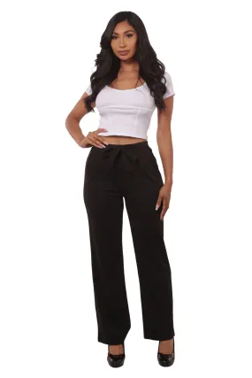 High Waist Straight Leg Pants With Waist Tie - Black