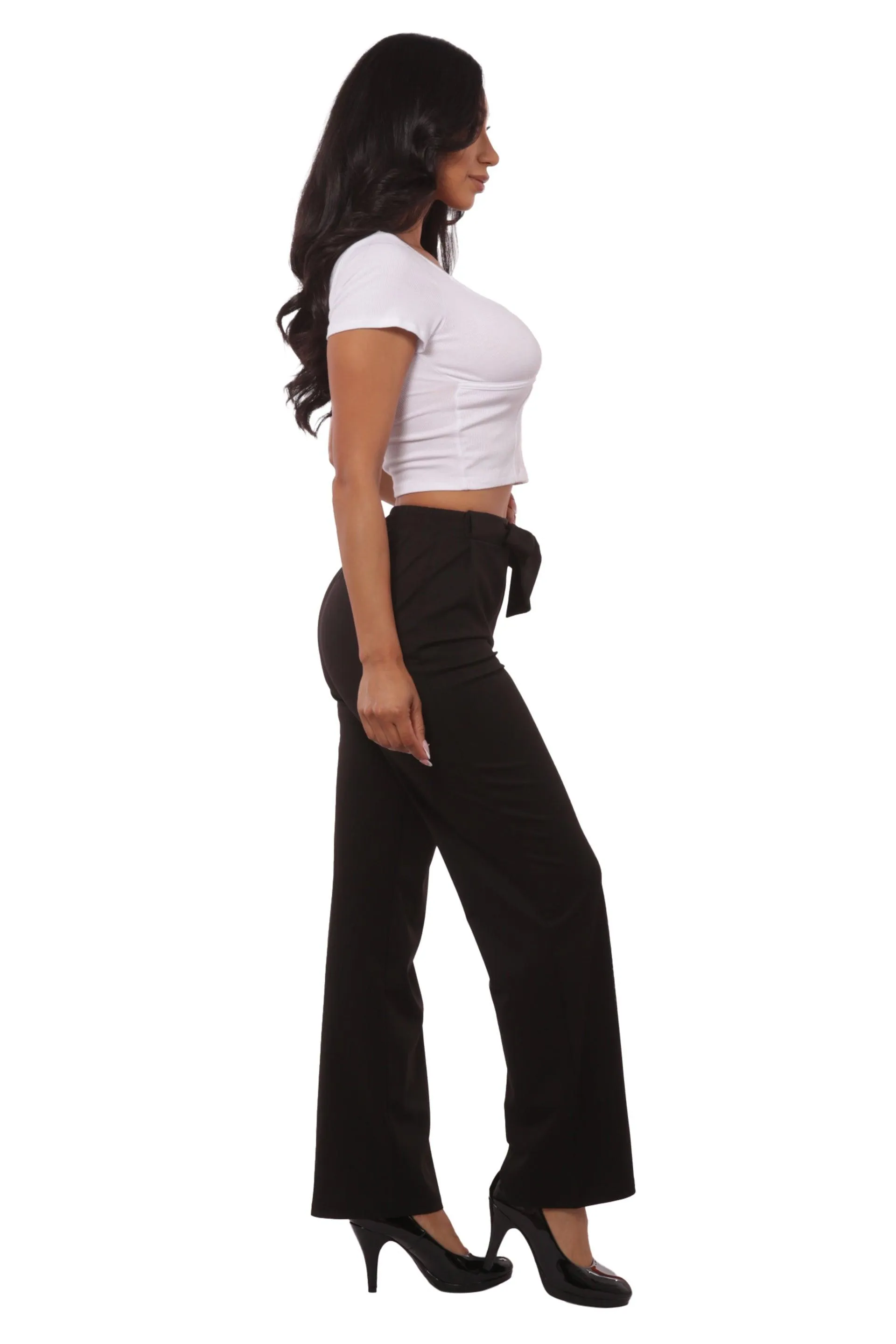 High Waist Straight Leg Pants With Waist Tie - Black