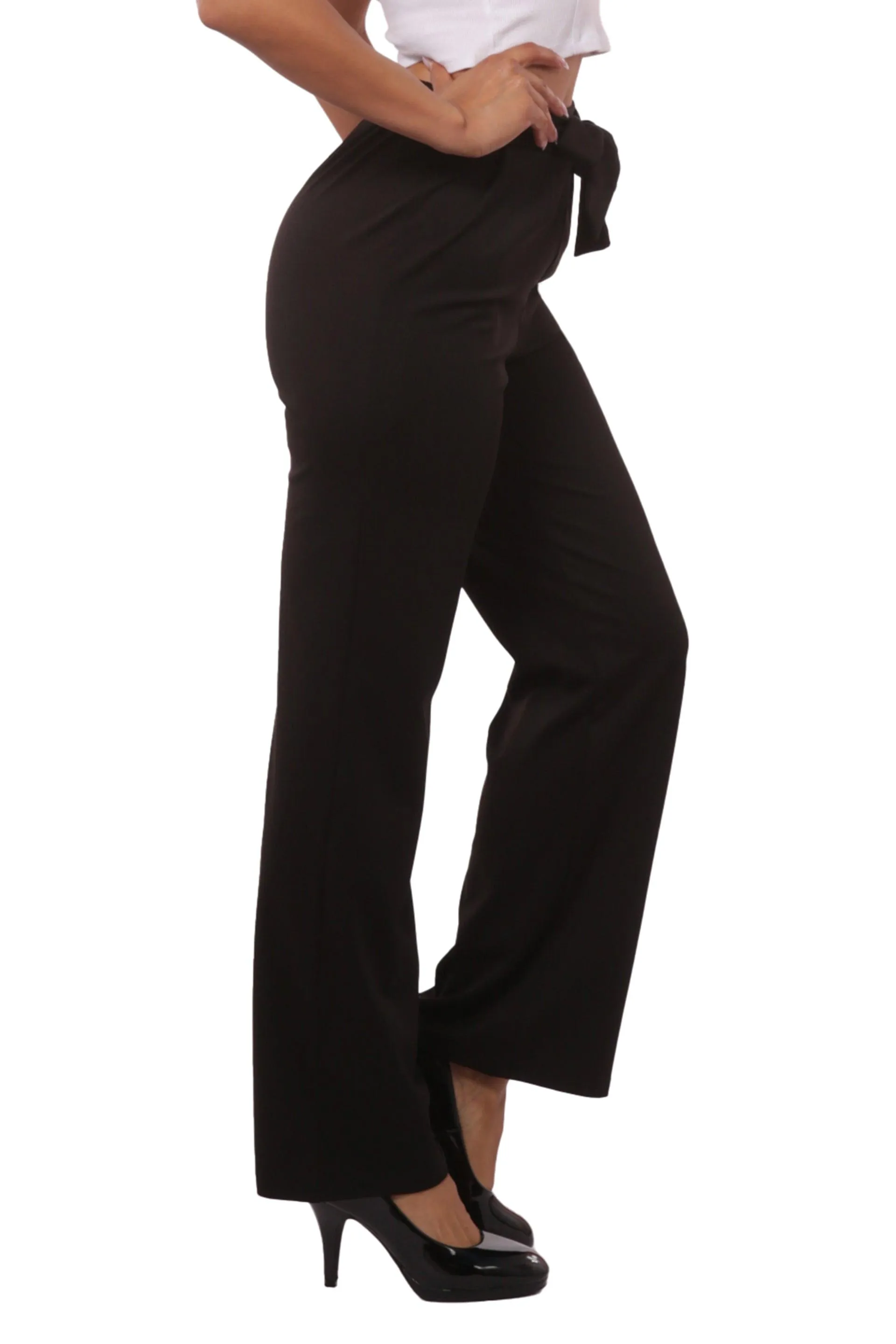 High Waist Straight Leg Pants With Waist Tie - Black