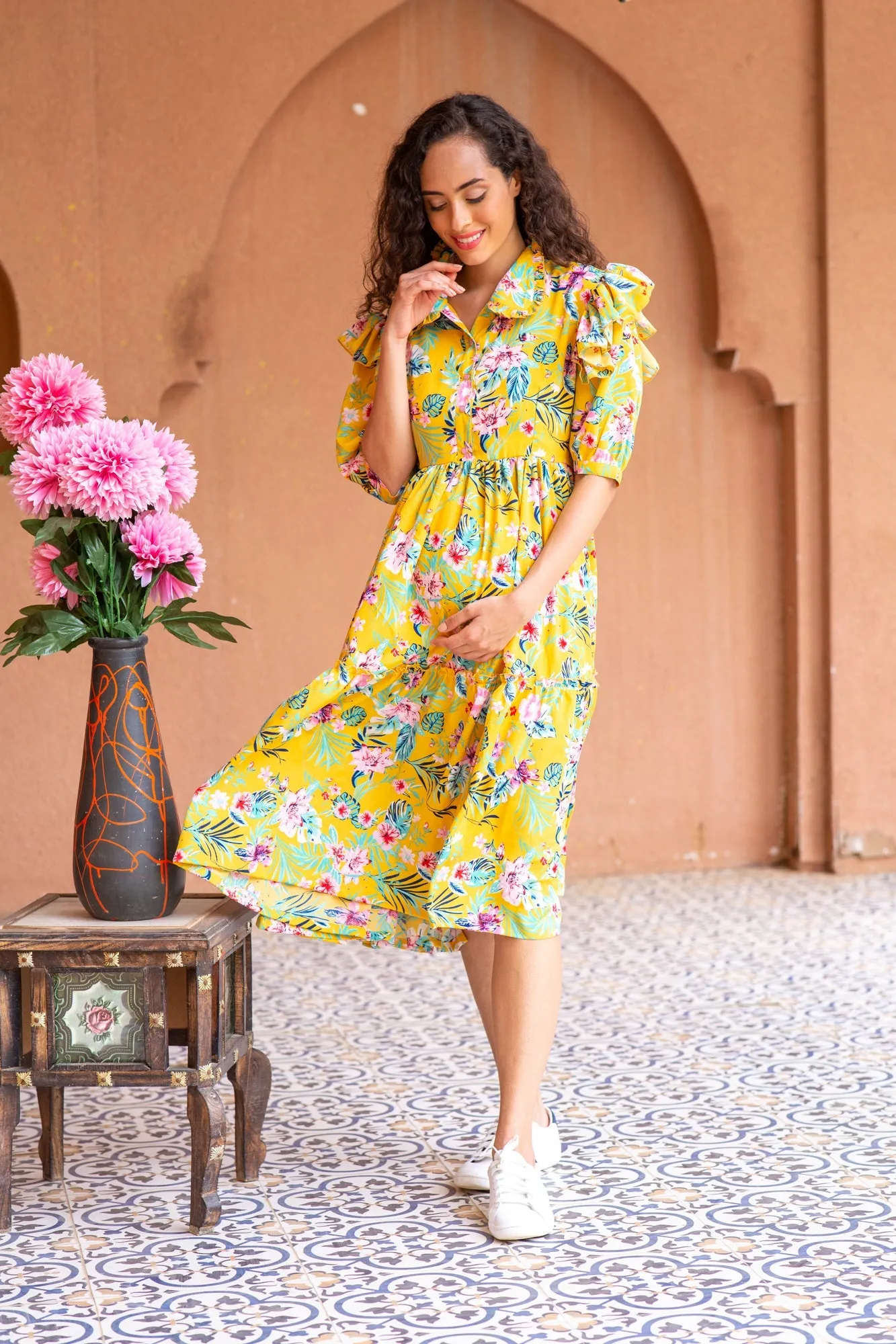 Miami Dancing Floral Maternity & Nursing Frill Dress