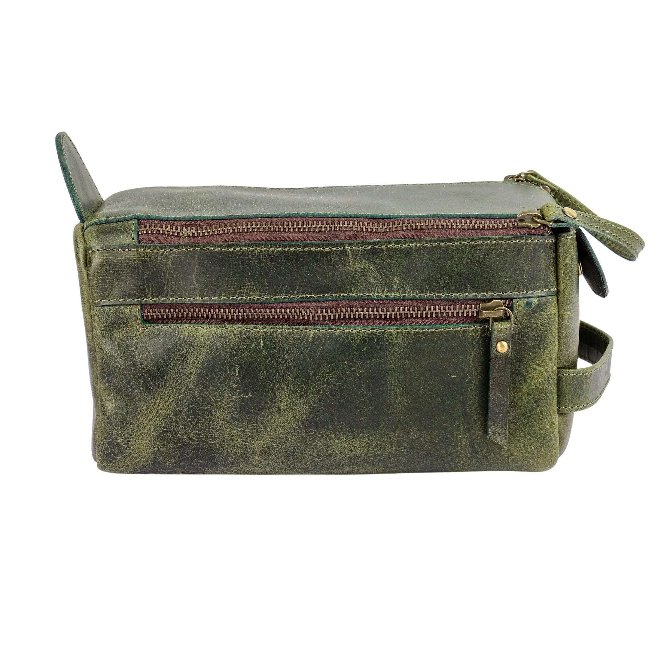 Premium Buffalo Leather Unisex Toiletry Bag Travel Dopp Kit (Dark Green)