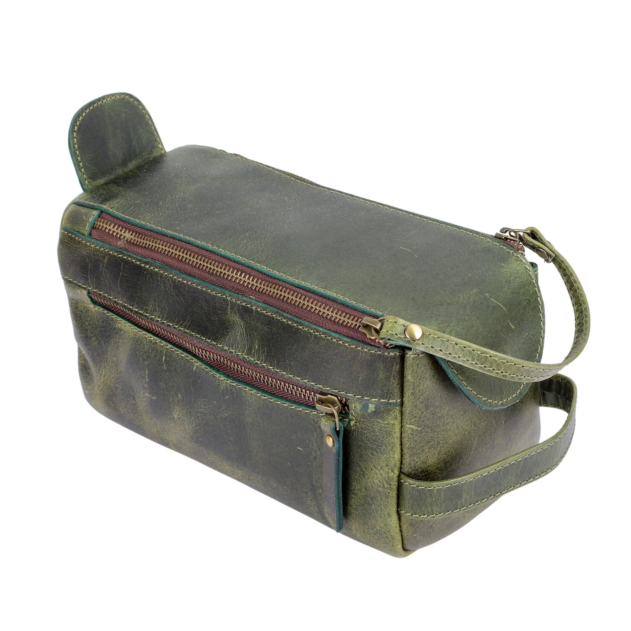 Premium Buffalo Leather Unisex Toiletry Bag Travel Dopp Kit (Dark Green)