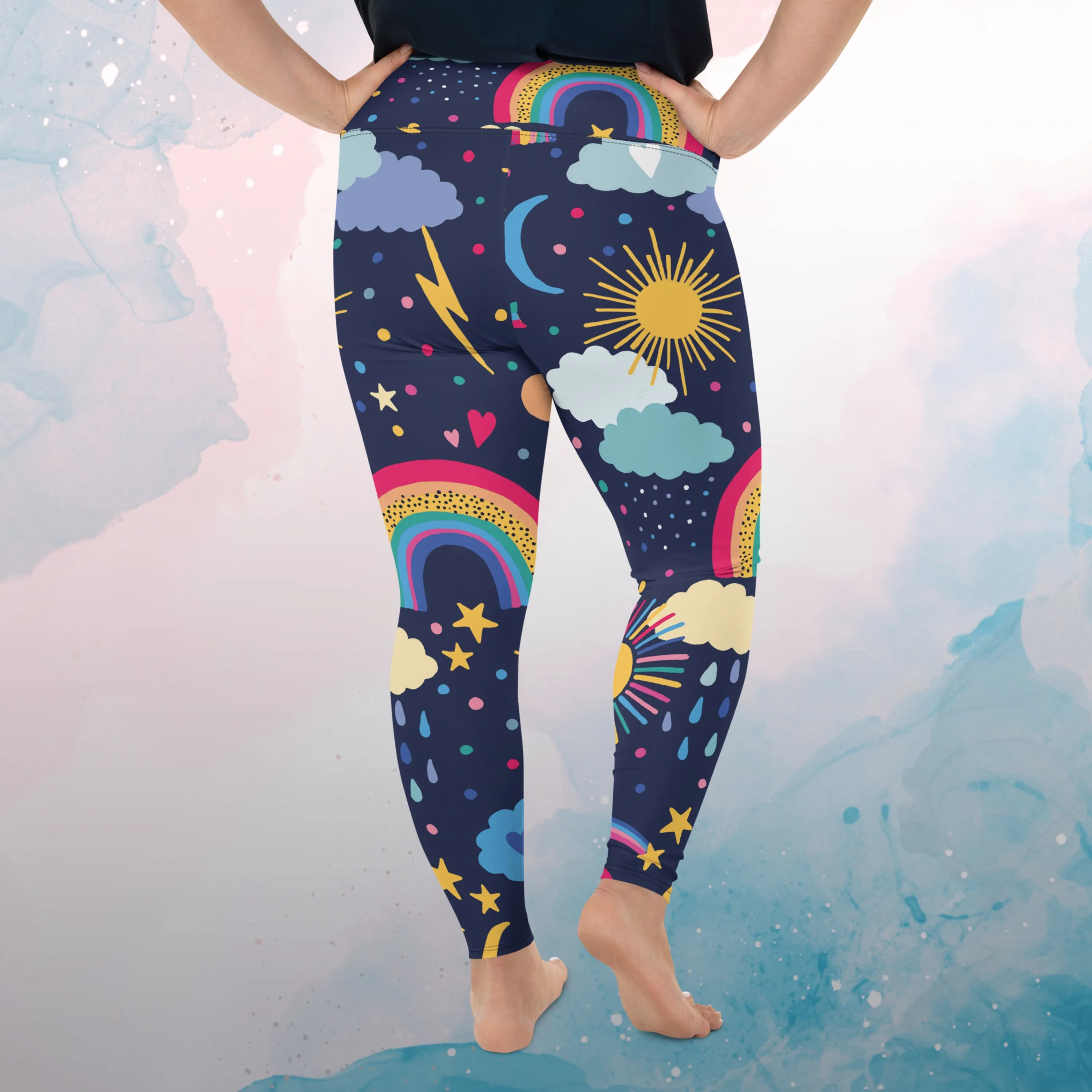 Rainbows and Rain Clouds Weather Themed Womens Light Weight Plus Size Leggings