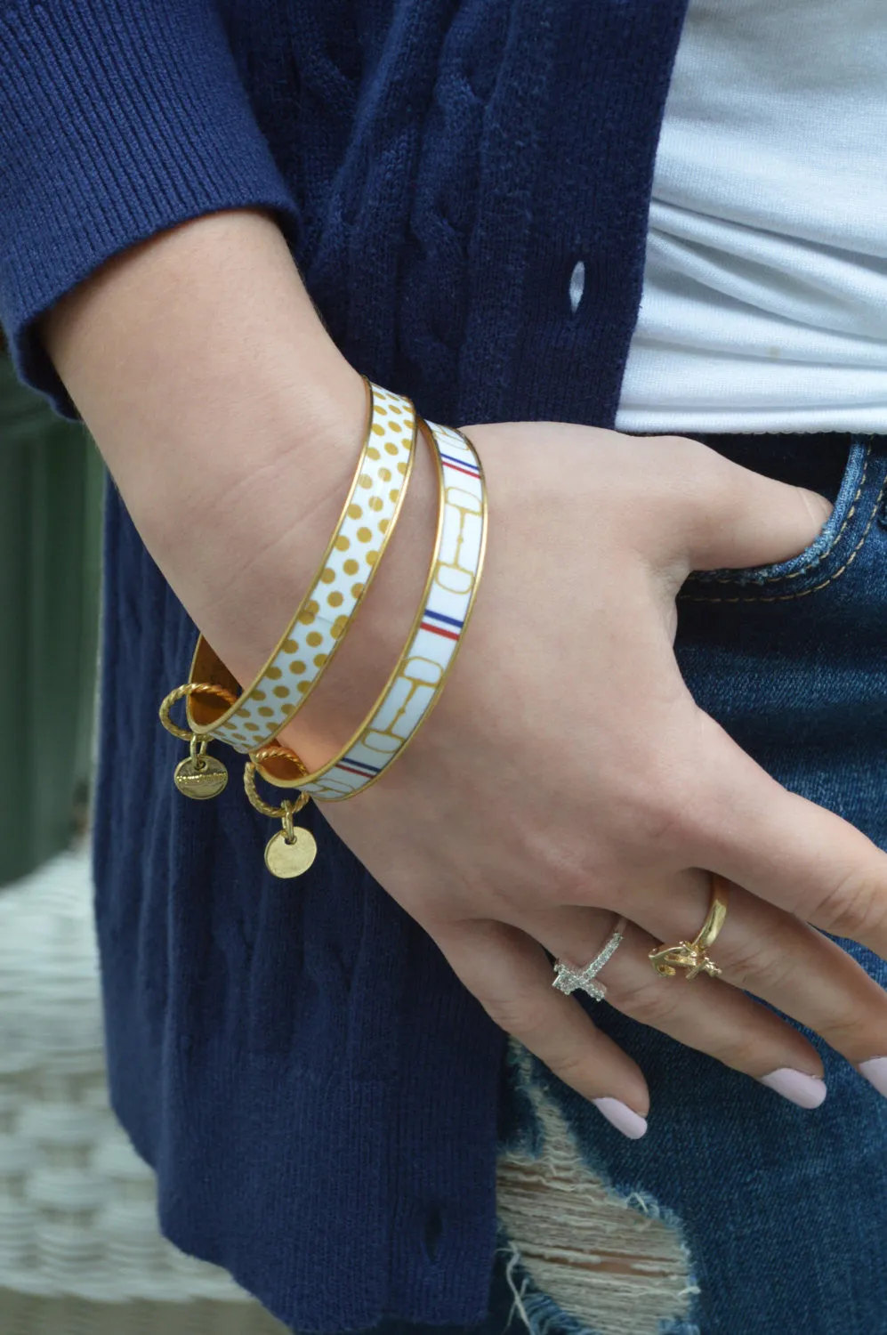 Red & Blue Striped Gold Horse Bit Bangle Bracelet