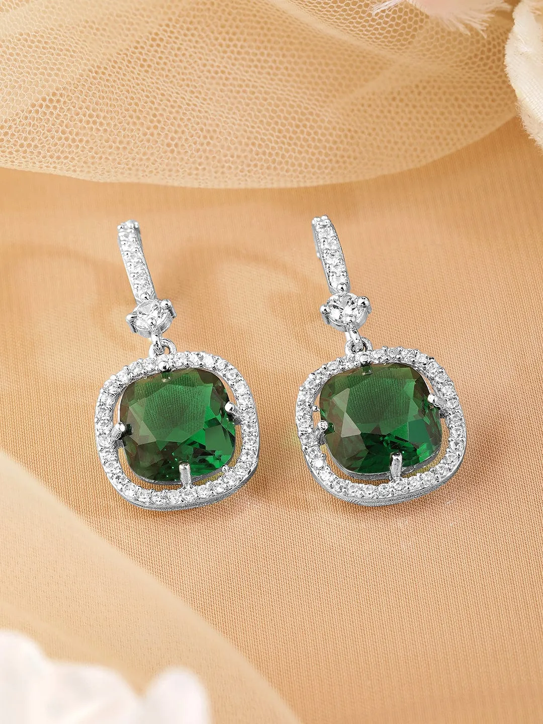 Rhodium Plated Emerald & Cubic Zirconia Studded Premium Drop Earrings