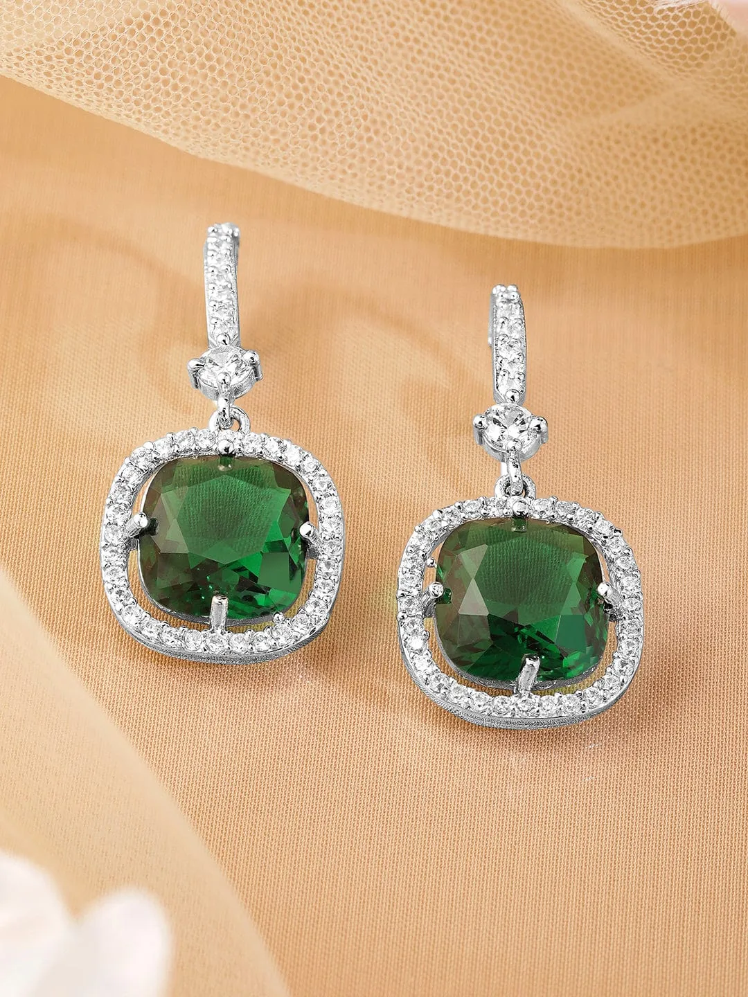 Rhodium Plated Emerald & Cubic Zirconia Studded Premium Drop Earrings