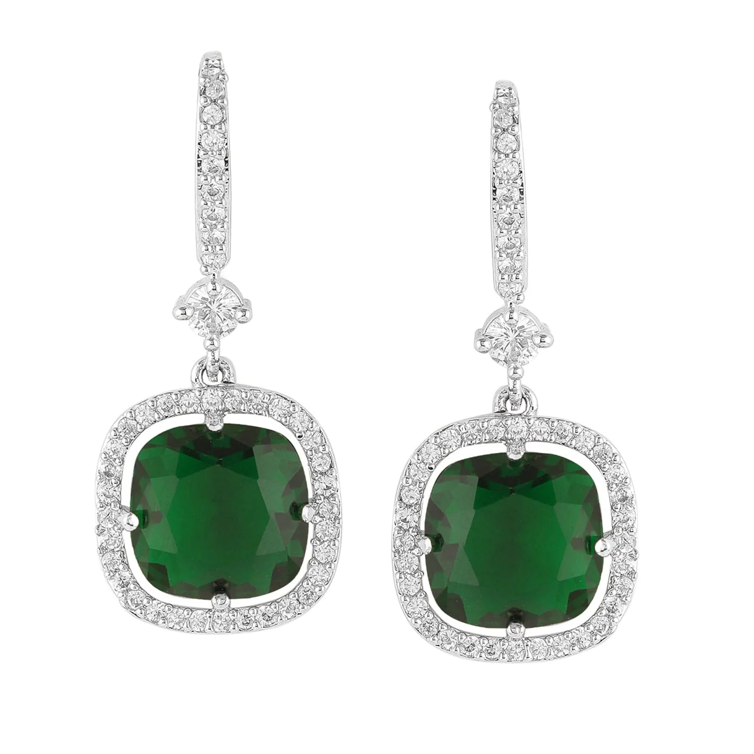 Rhodium Plated Emerald & Cubic Zirconia Studded Premium Drop Earrings