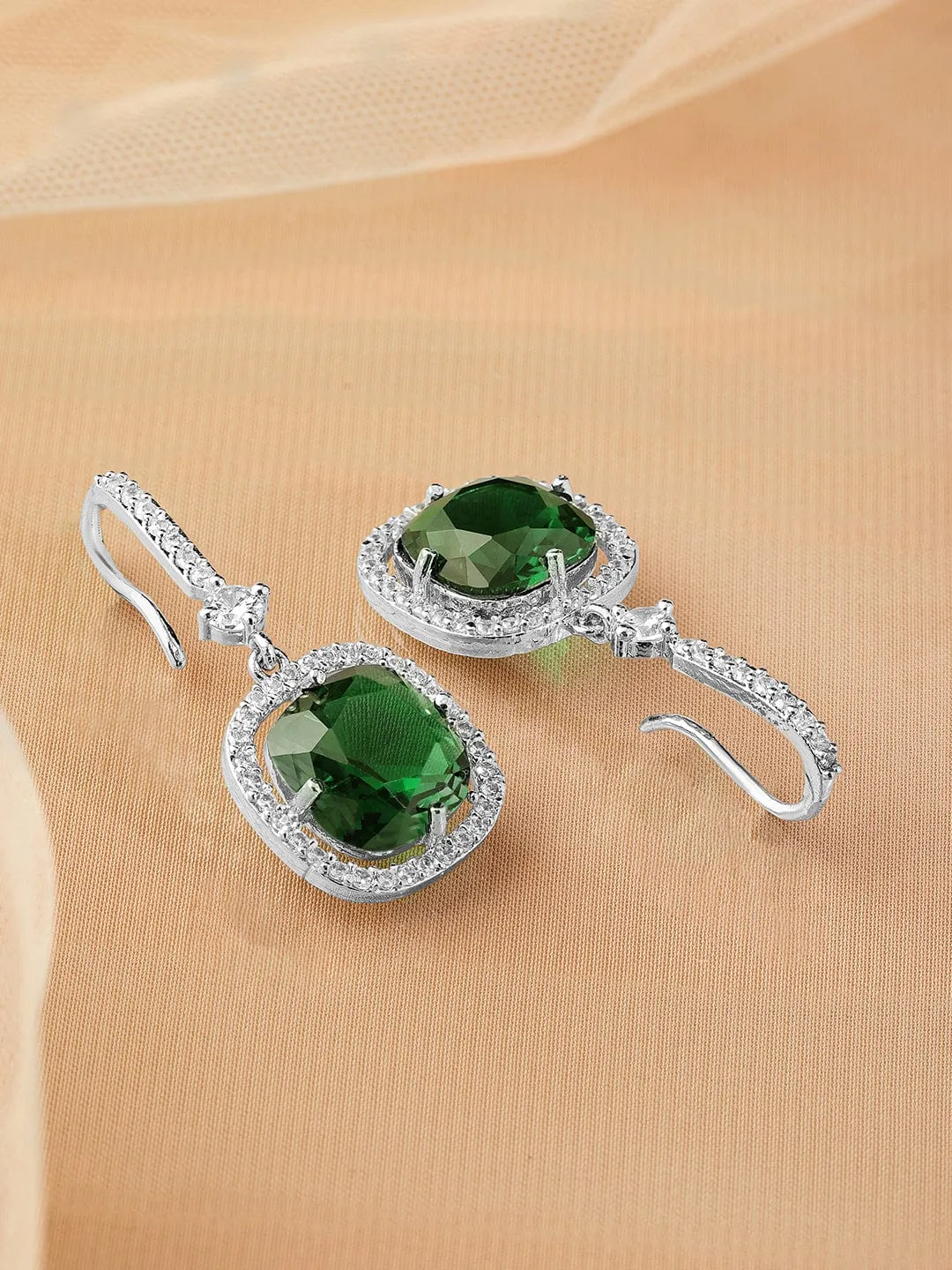 Rhodium Plated Emerald & Cubic Zirconia Studded Premium Drop Earrings