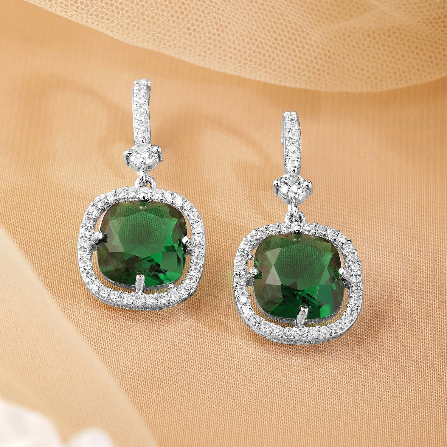 Rhodium Plated Emerald & Cubic Zirconia Studded Premium Drop Earrings