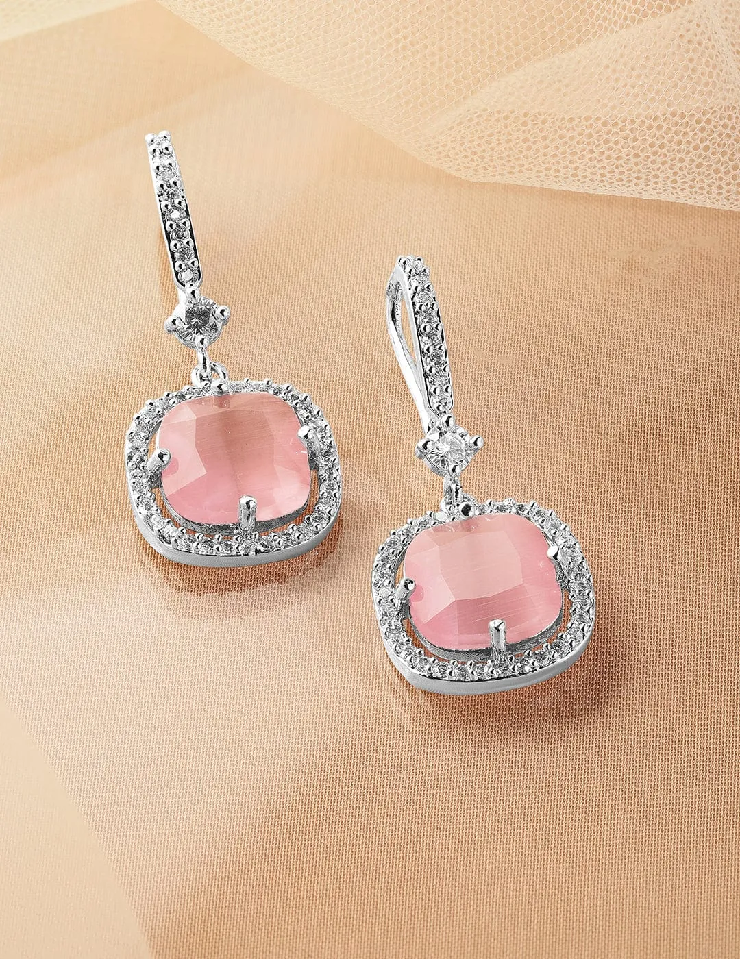 Rhodium Plated Pastel Pink & Cubic Zirconia Studded Premium Drop Earrings