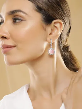 Rhodium Plated Pastel Pink & Cubic Zirconia Studded Premium Drop Earrings