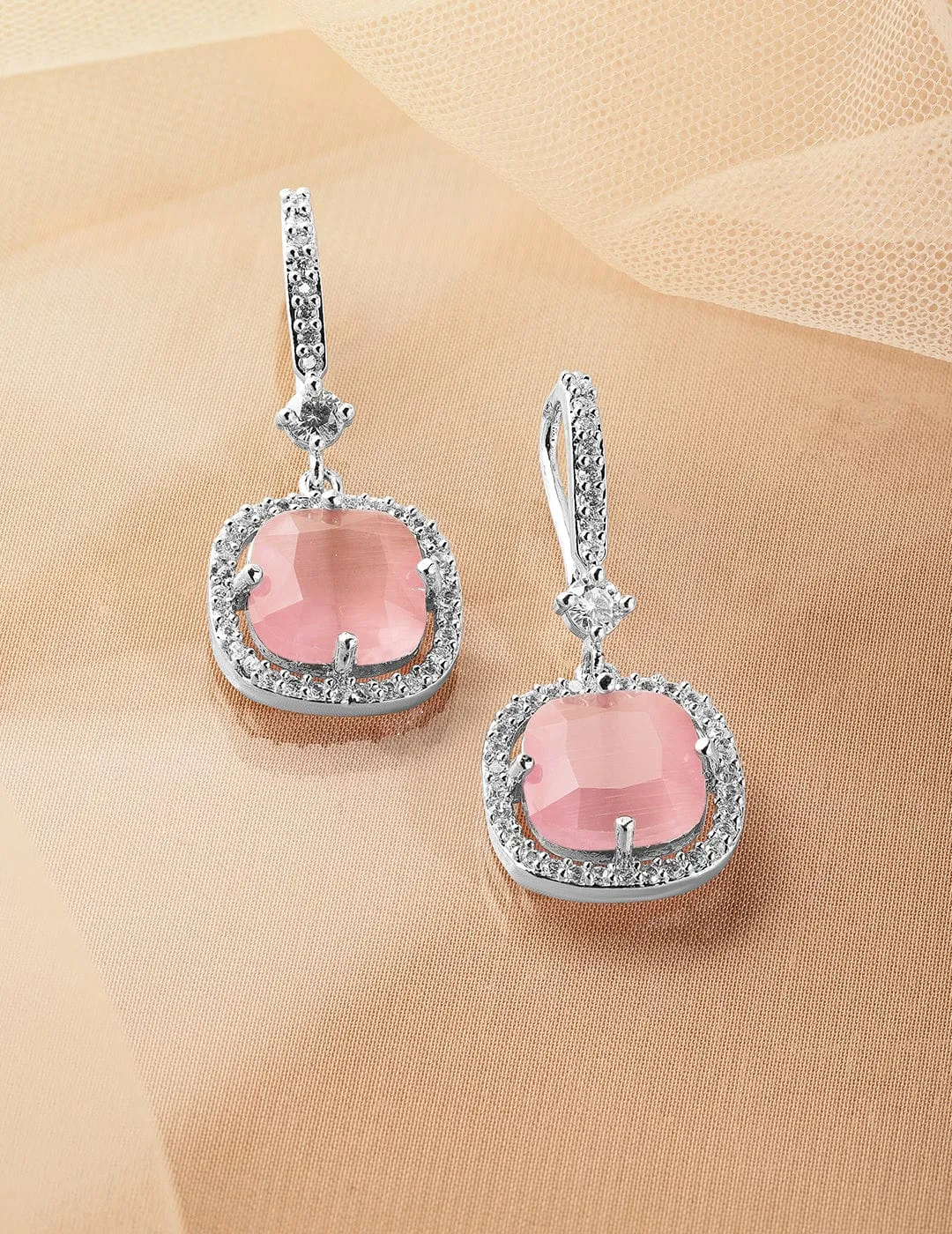 Rhodium Plated Pastel Pink & Cubic Zirconia Studded Premium Drop Earrings