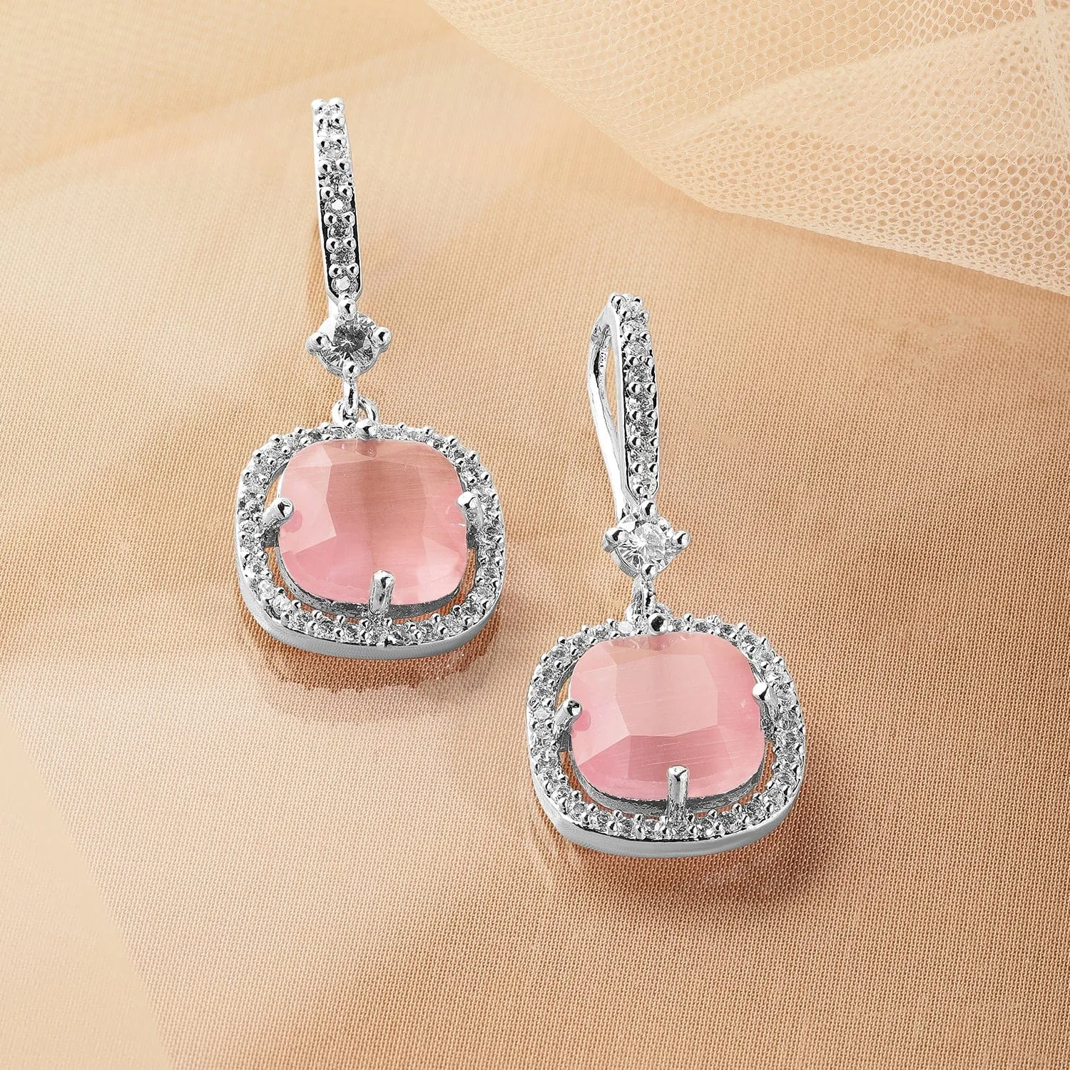 Rhodium Plated Pastel Pink & Cubic Zirconia Studded Premium Drop Earrings