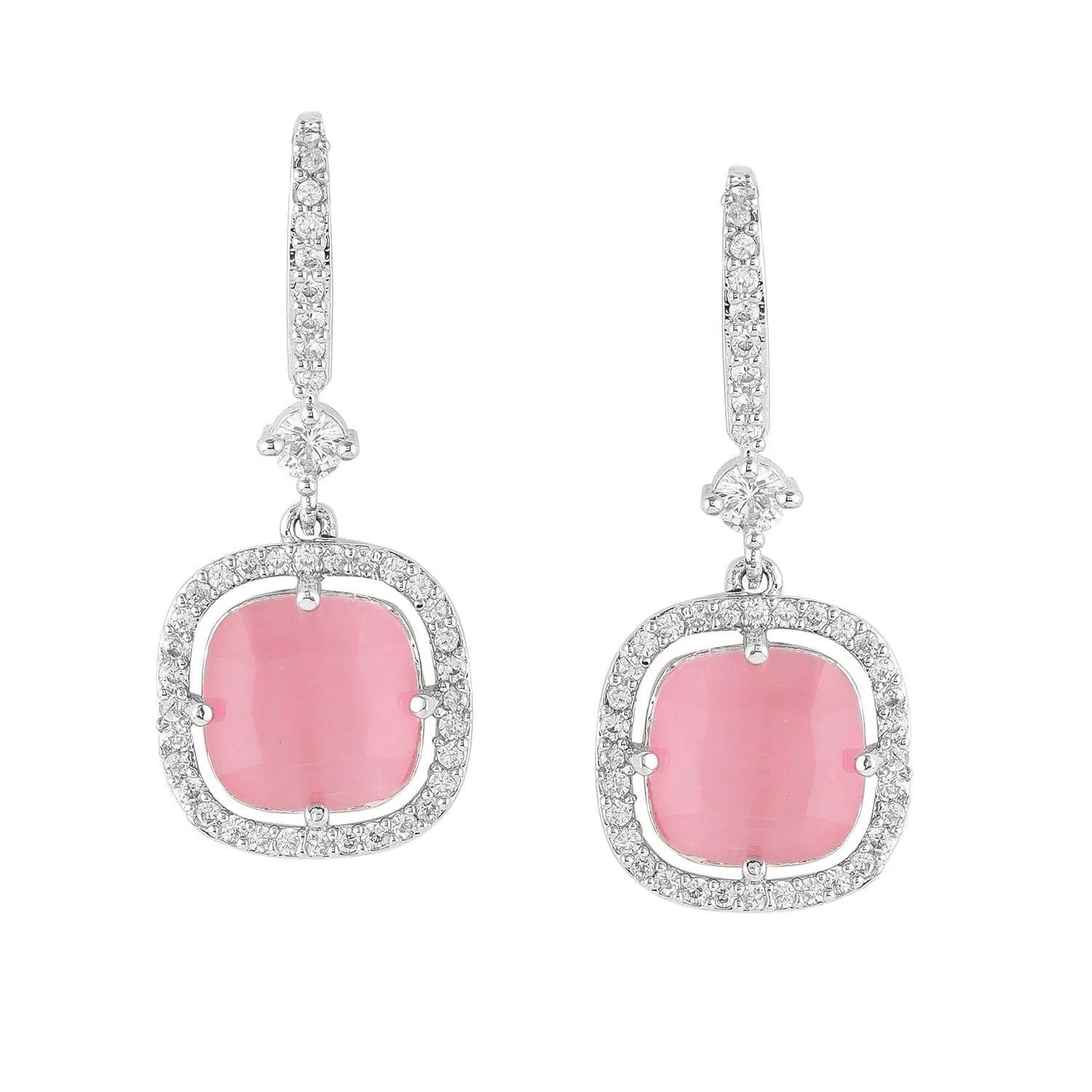 Rhodium Plated Pastel Pink & Cubic Zirconia Studded Premium Drop Earrings