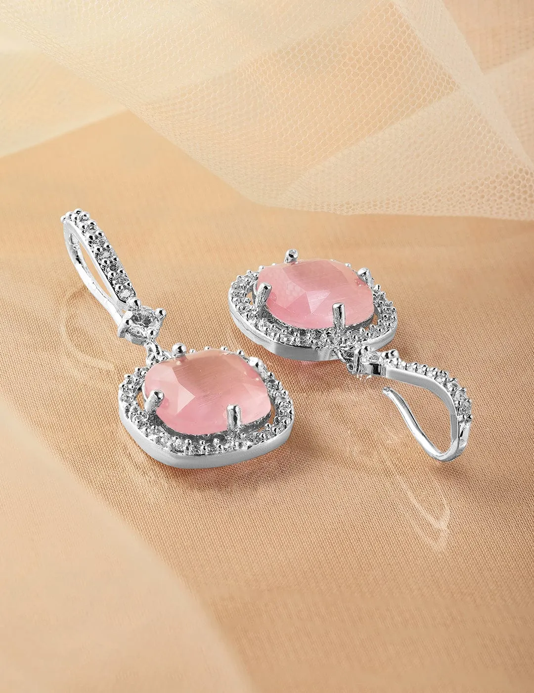 Rhodium Plated Pastel Pink & Cubic Zirconia Studded Premium Drop Earrings