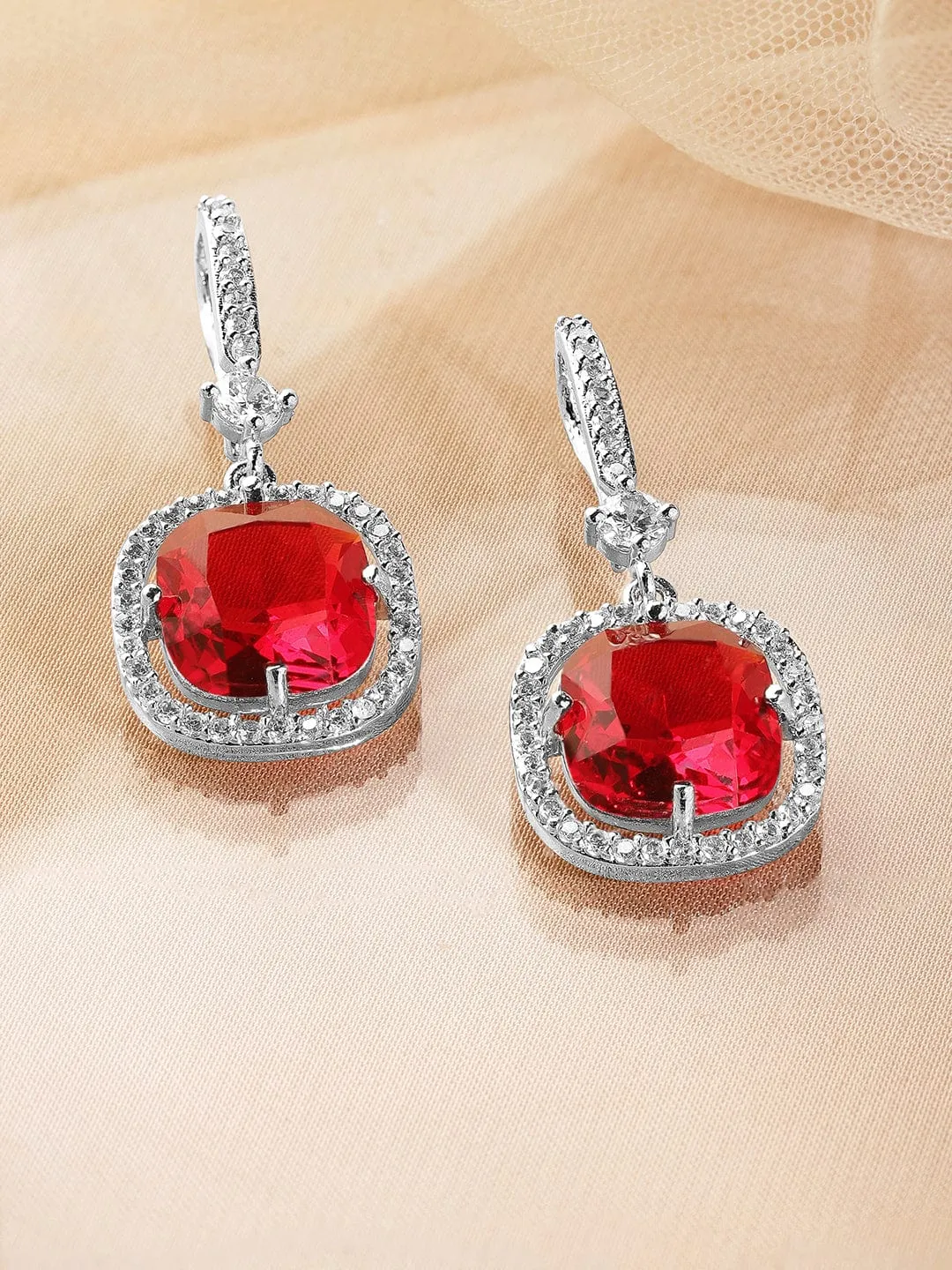 Rhodium Plated Ruby & Cubic Zirconia Studded Premium Drop Earrings