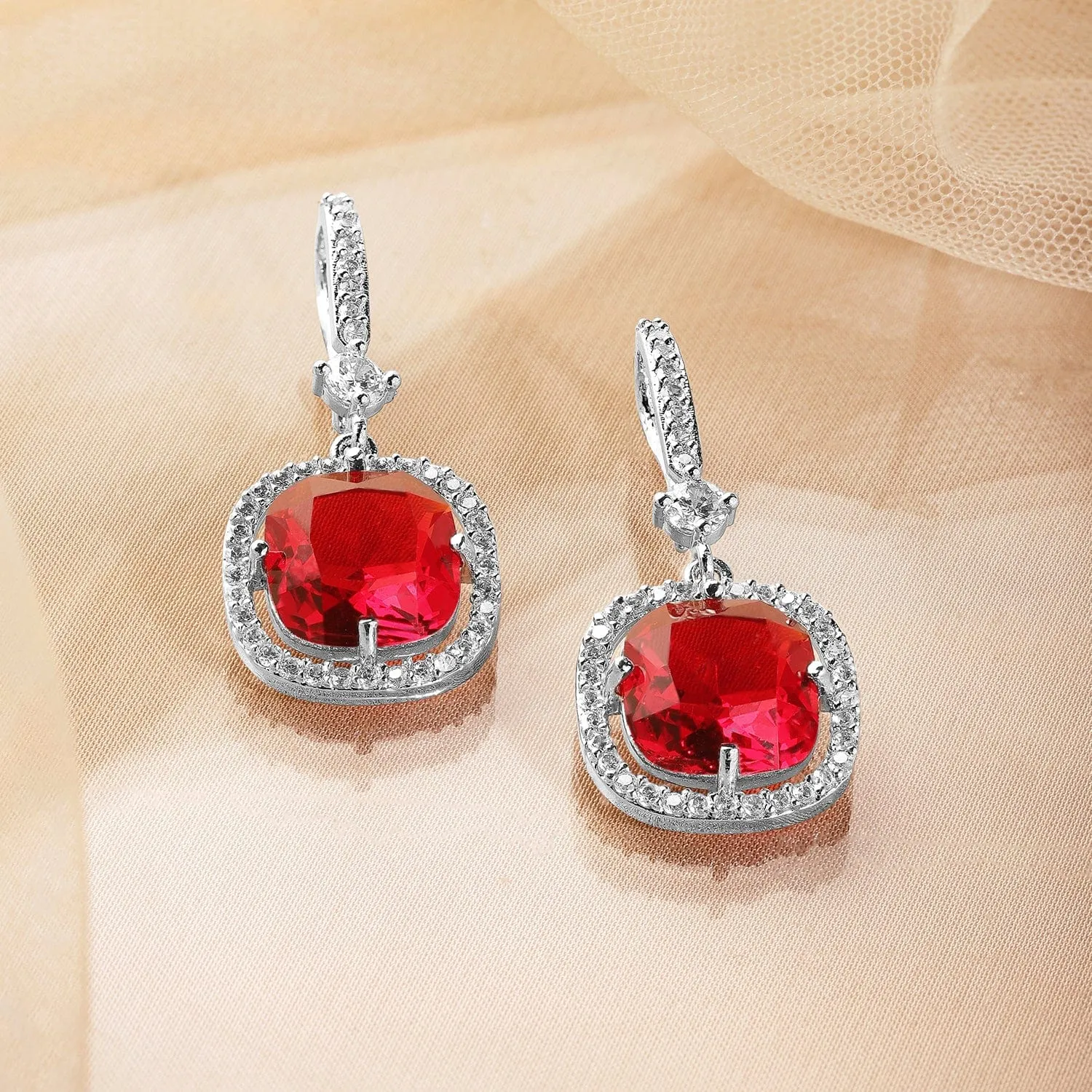 Rhodium Plated Ruby & Cubic Zirconia Studded Premium Drop Earrings