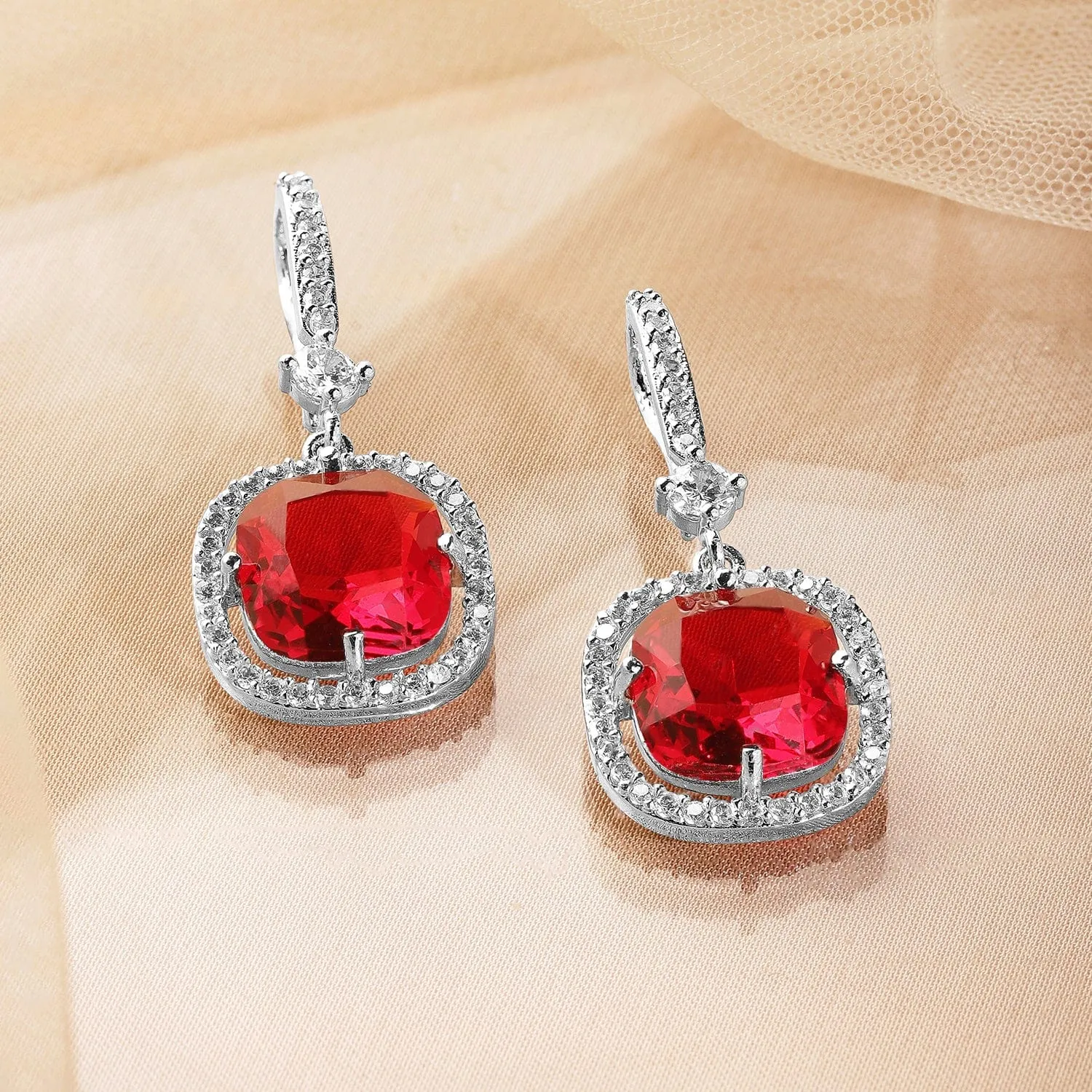 Rhodium Plated Ruby & Cubic Zirconia Studded Premium Drop Earrings