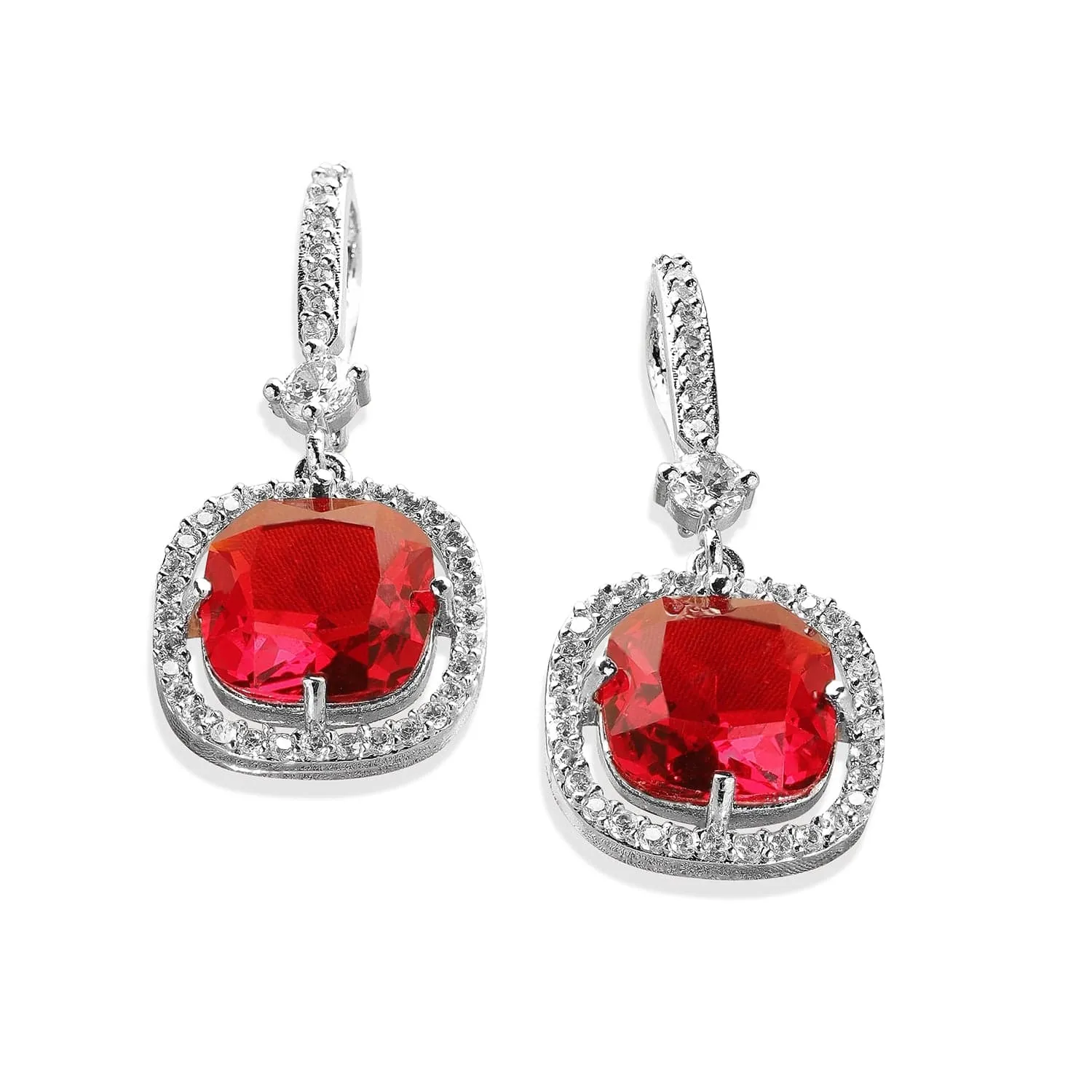 Rhodium Plated Ruby & Cubic Zirconia Studded Premium Drop Earrings