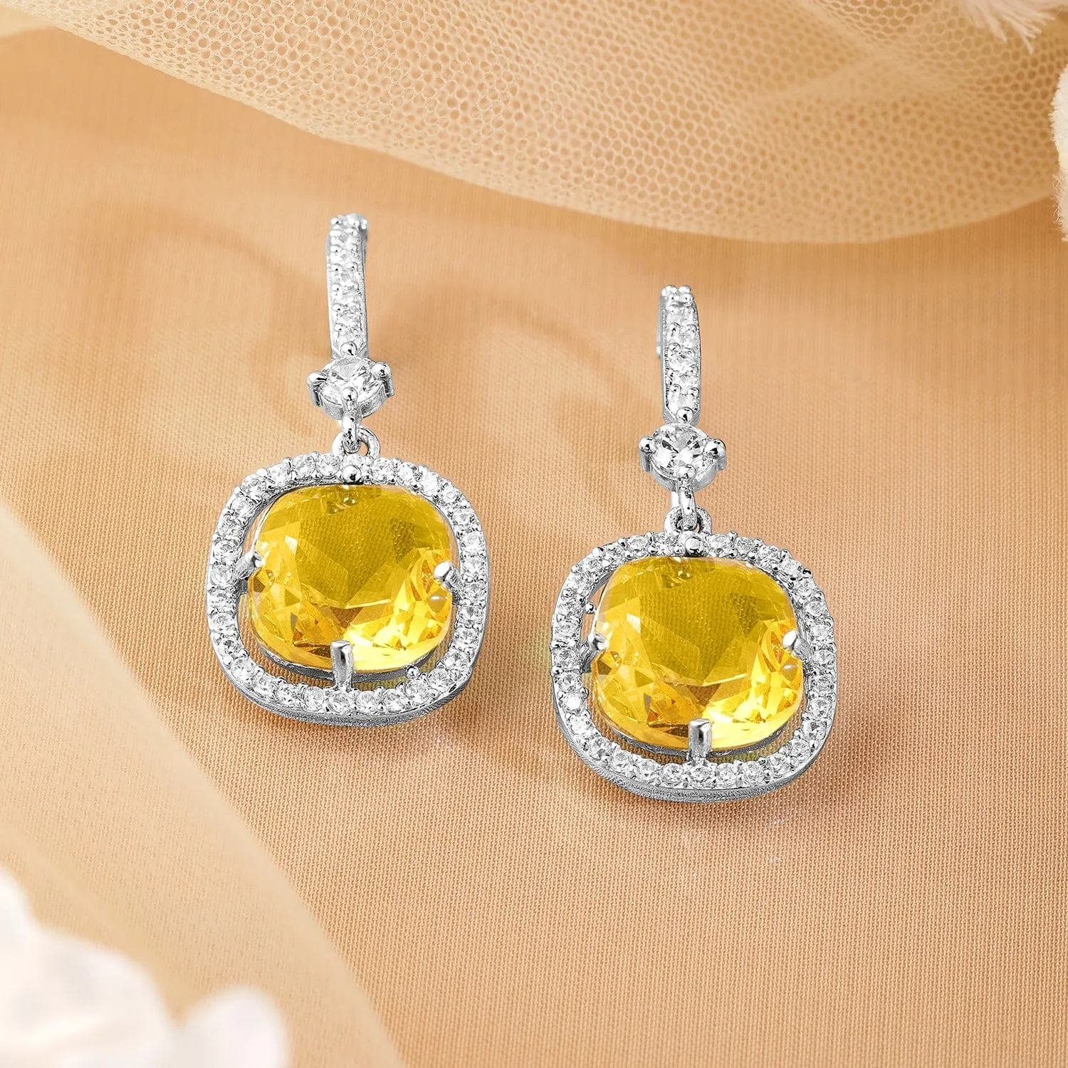 Rhodium Plated Yellow Sapphire & Cubic Zirconia Studded Premium Drop Earrings