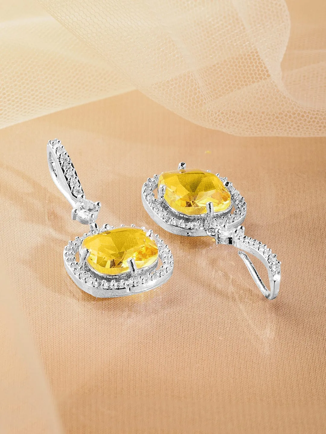 Rhodium Plated Yellow Sapphire & Cubic Zirconia Studded Premium Drop Earrings