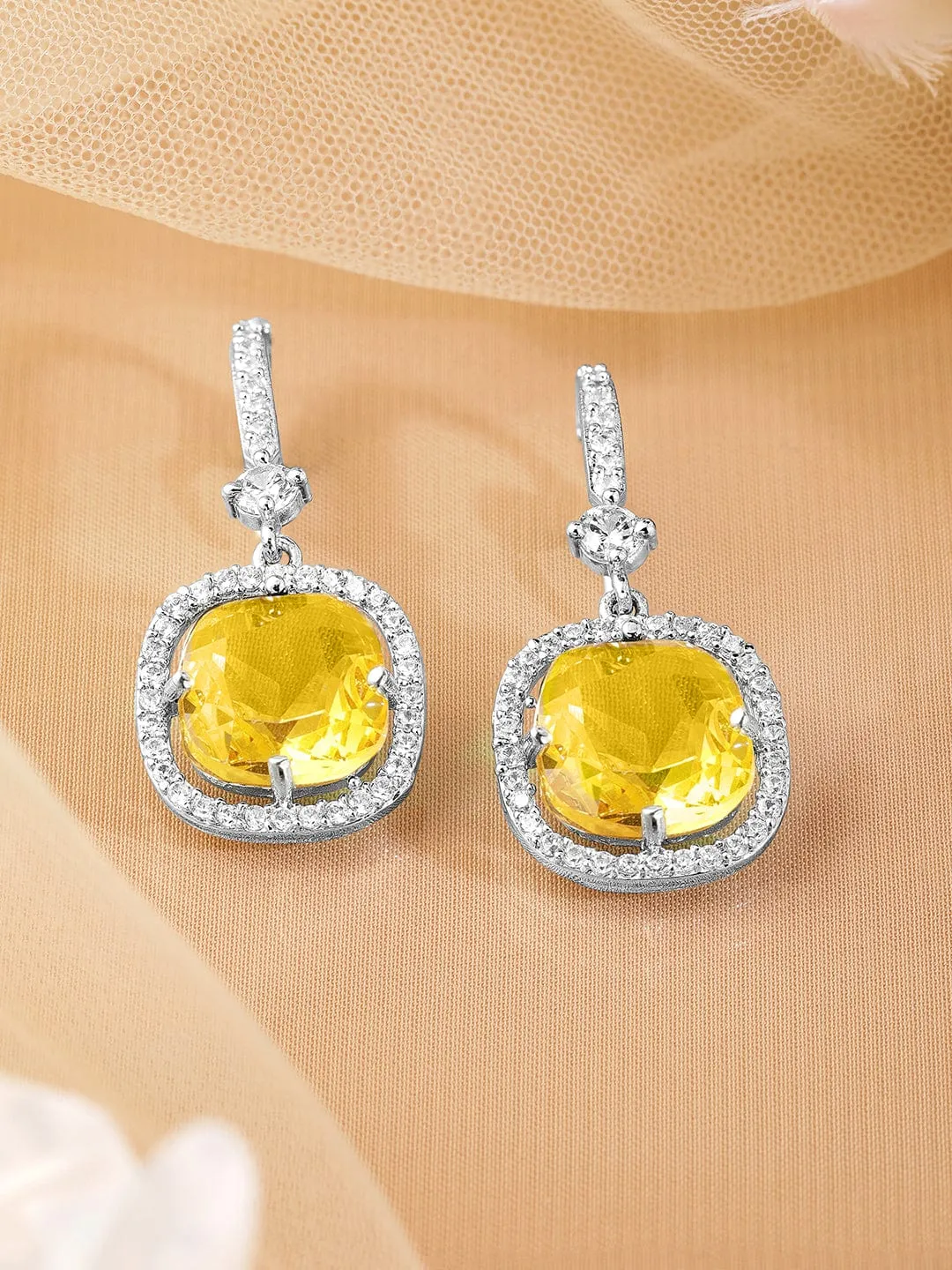 Rhodium Plated Yellow Sapphire & Cubic Zirconia Studded Premium Drop Earrings