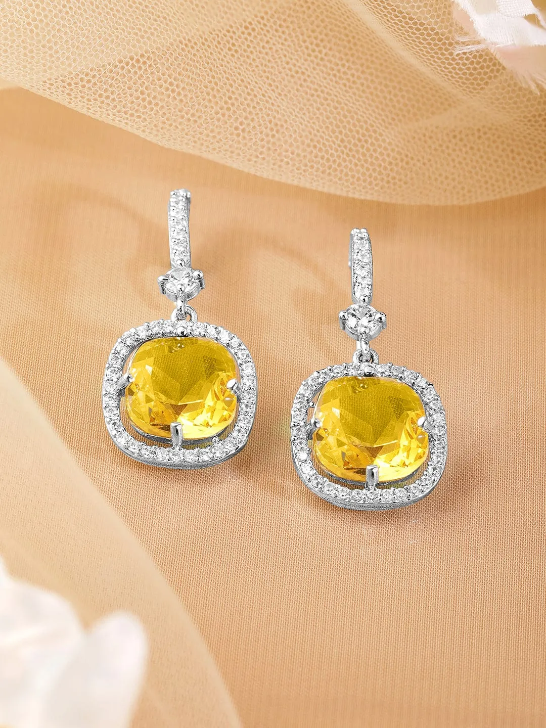 Rhodium Plated Yellow Sapphire & Cubic Zirconia Studded Premium Drop Earrings