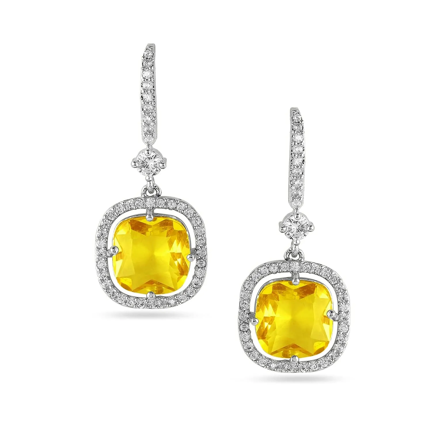 Rhodium Plated Yellow Sapphire & Cubic Zirconia Studded Premium Drop Earrings