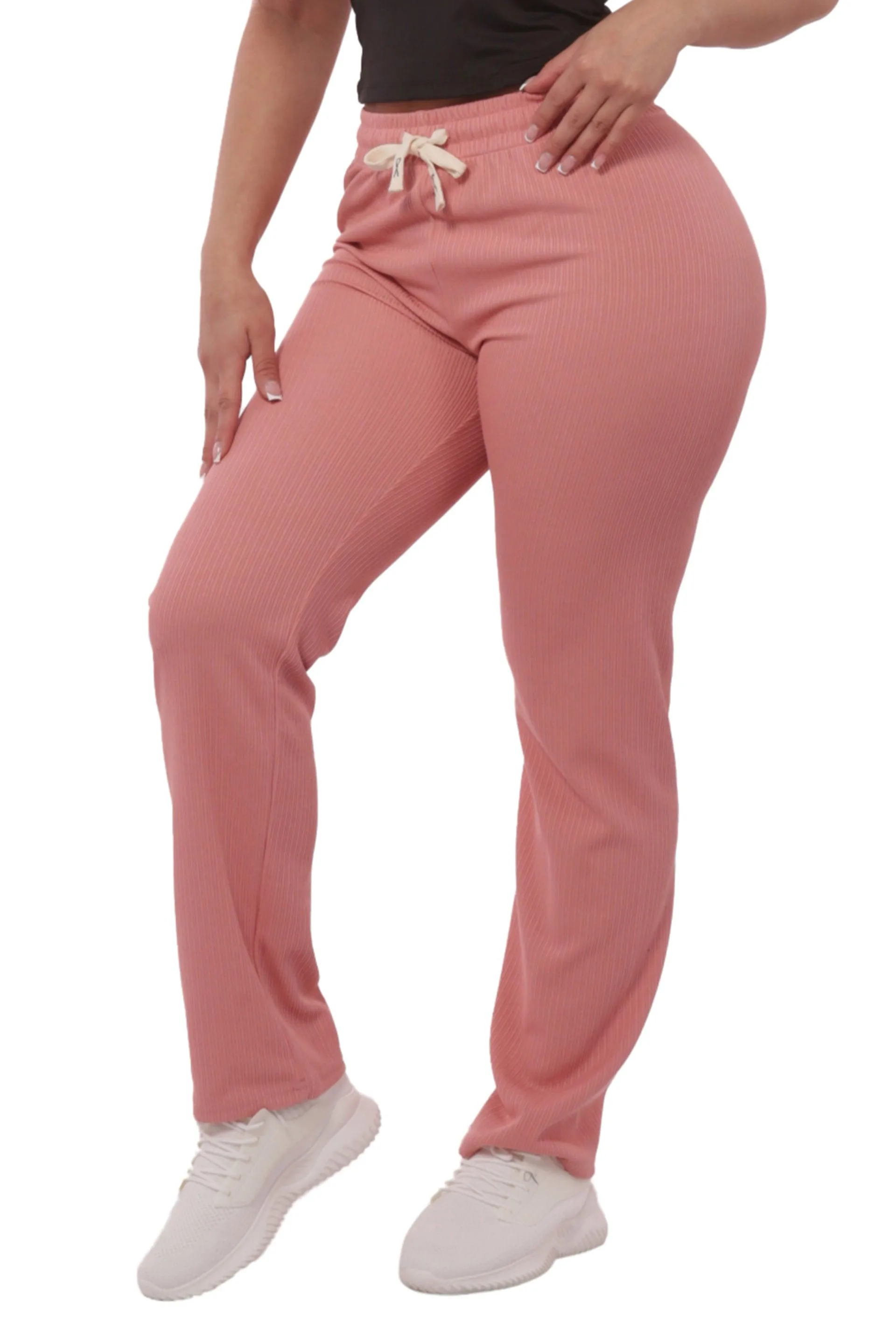 Rib Knit Straight Leg Pants With Drawstrings - Pink