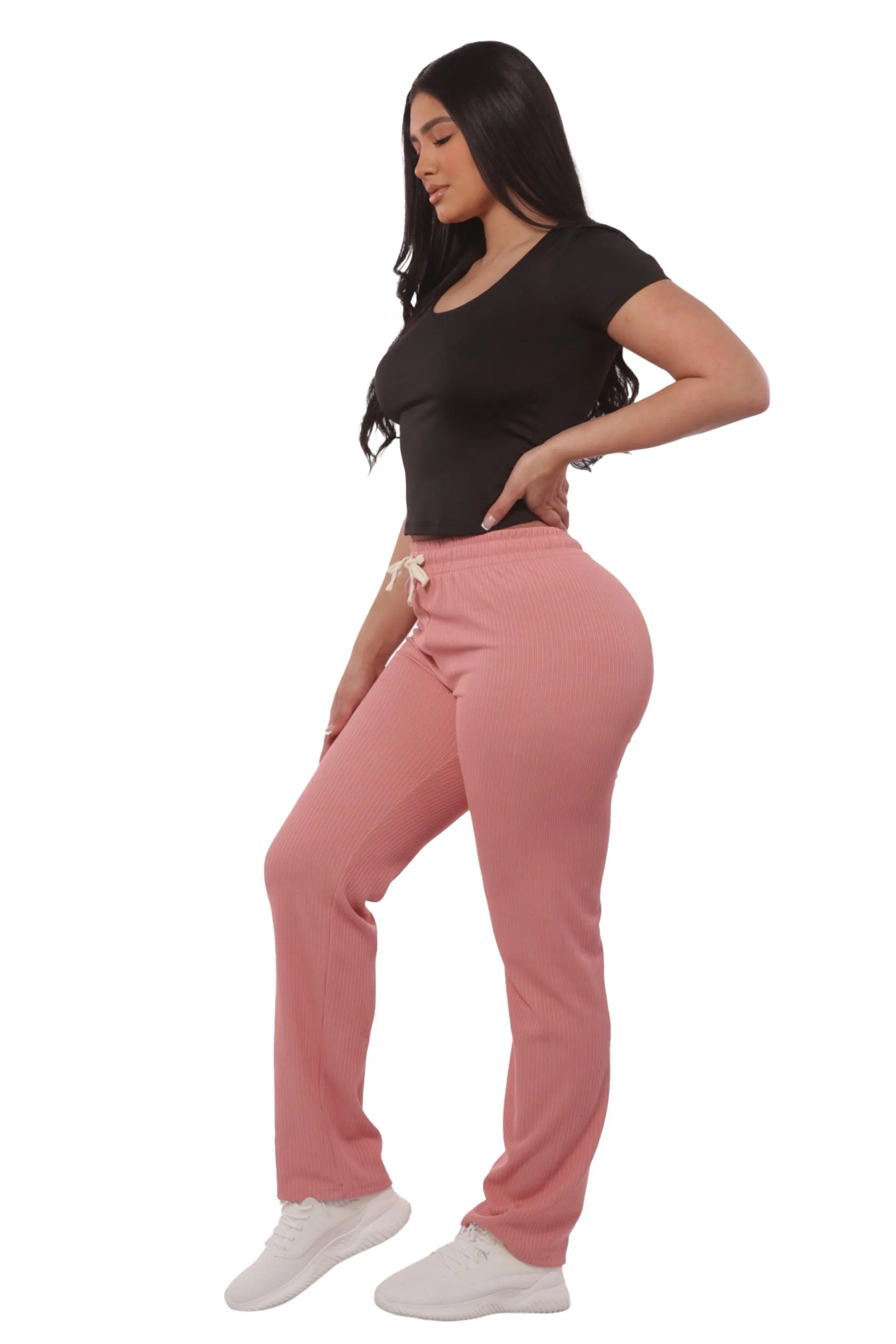 Rib Knit Straight Leg Pants With Drawstrings - Pink