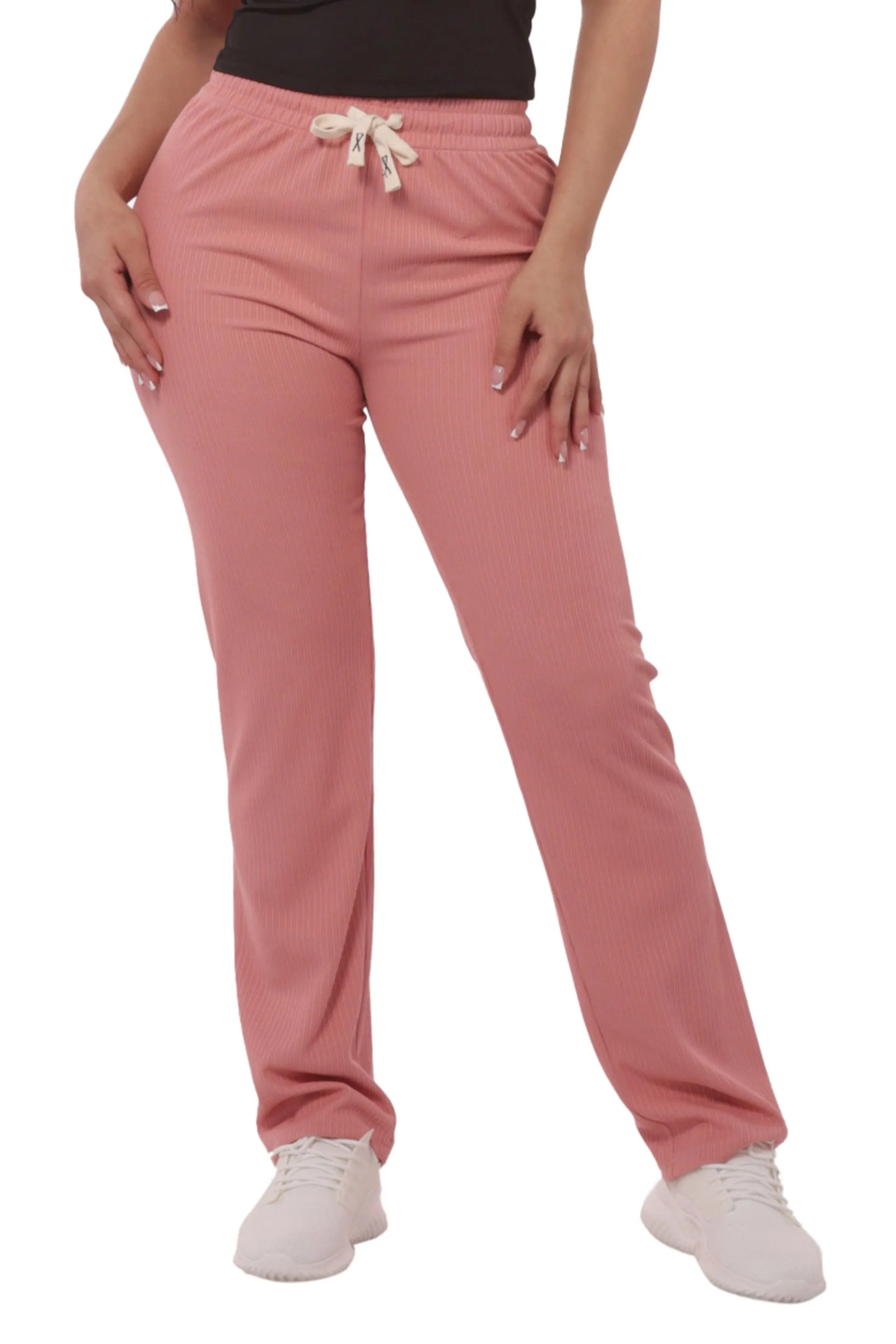 Rib Knit Straight Leg Pants With Drawstrings - Pink