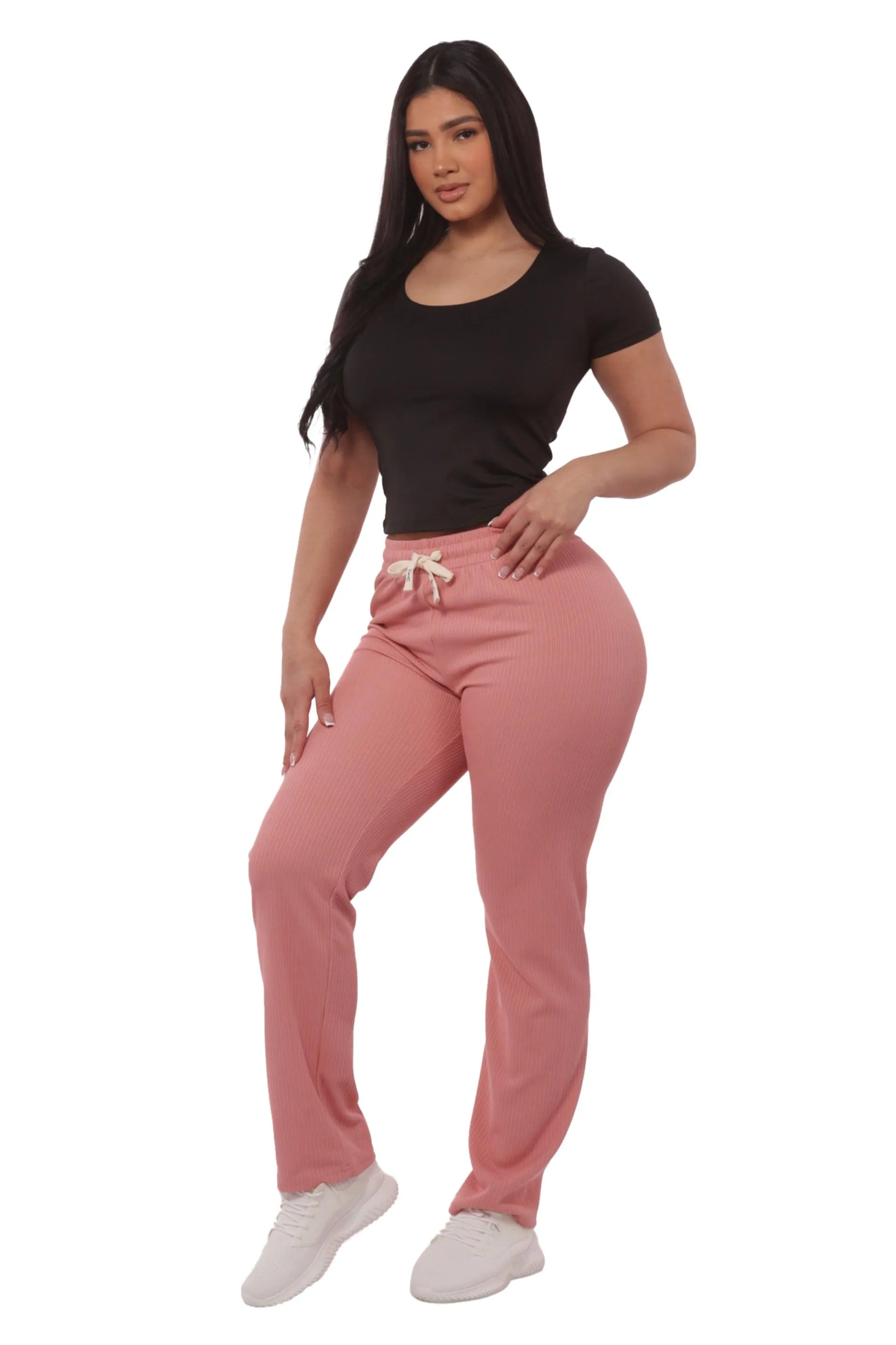 Rib Knit Straight Leg Pants With Drawstrings - Pink