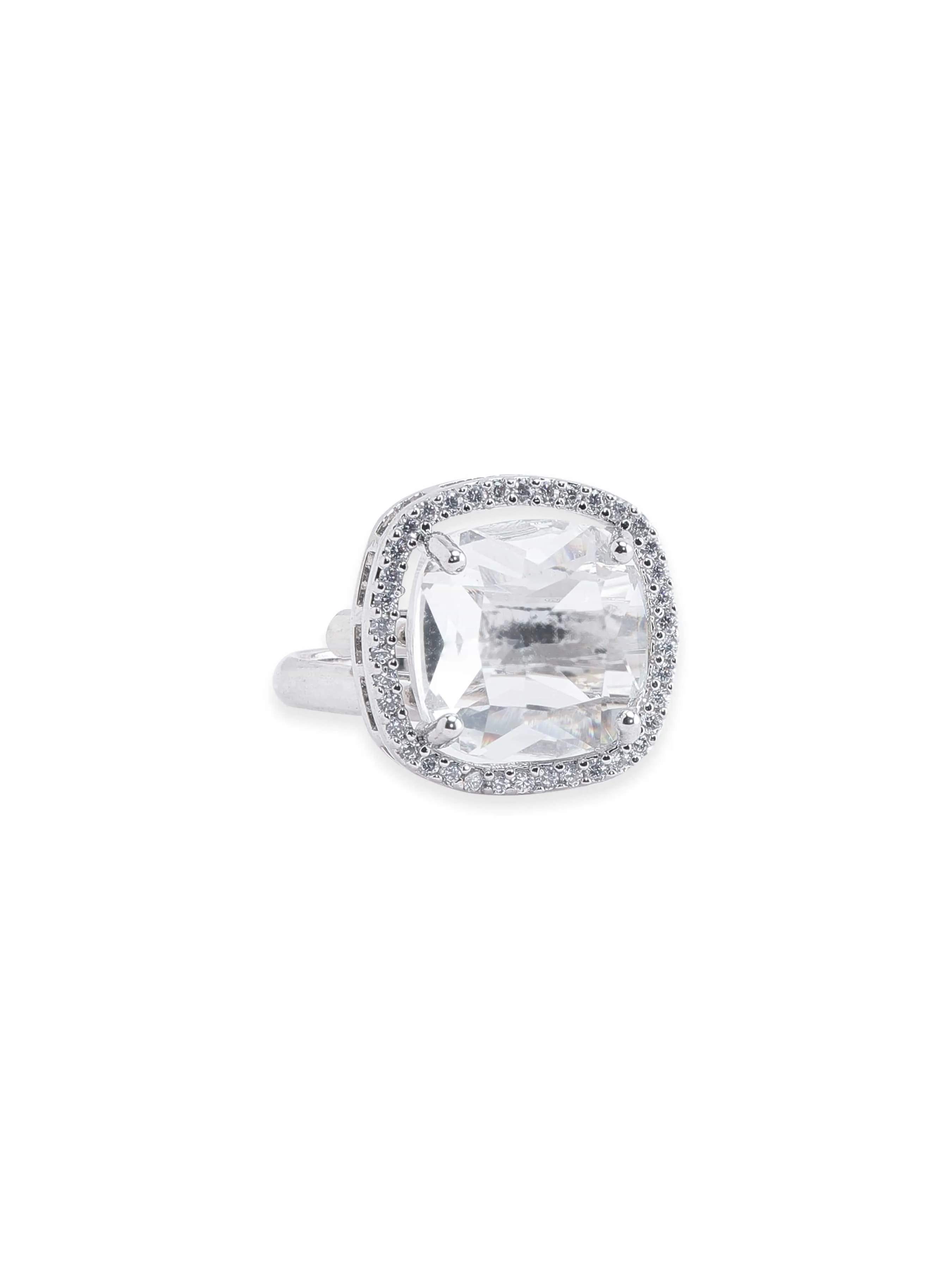 Rubans Rhodium plated Cushion cut zirconia studded classy ring