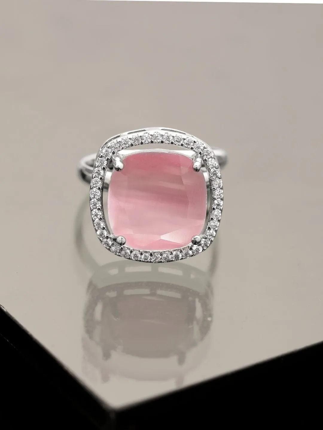 Rubans Rhodium plated Pink Cushion Cut zirconia studded Classy ring