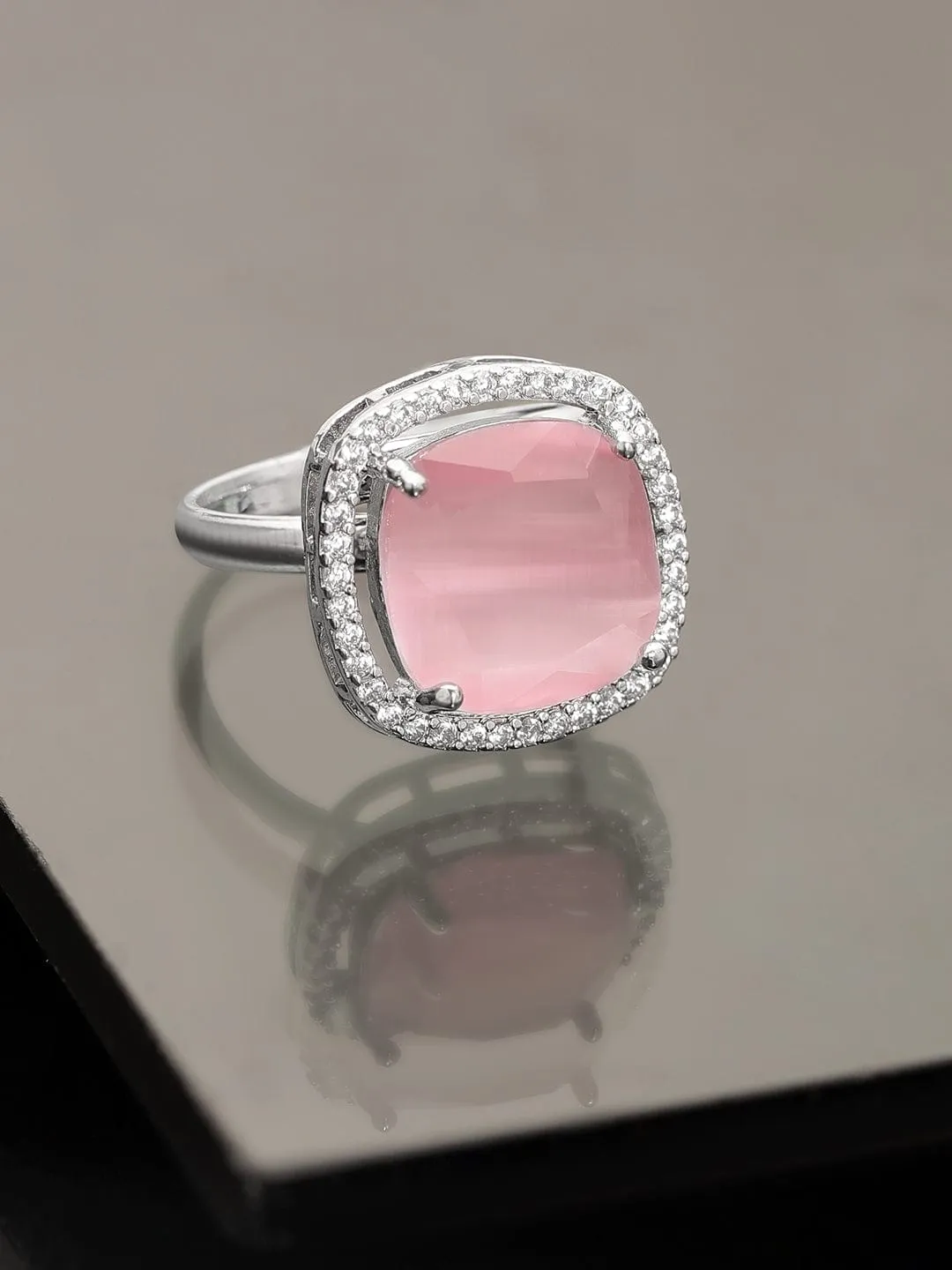 Rubans Rhodium plated Pink Cushion Cut zirconia studded Classy ring