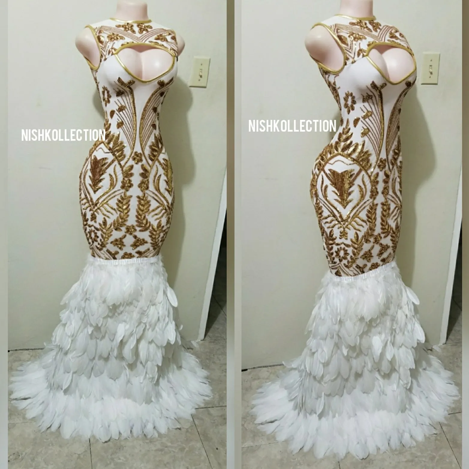 Sereena gold and white sequin feather gown