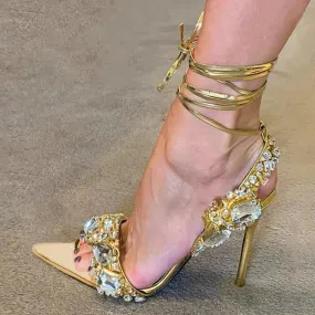 Sexy Ankle Strap Golded High Quality Crystal Diamond Wedding High Heel