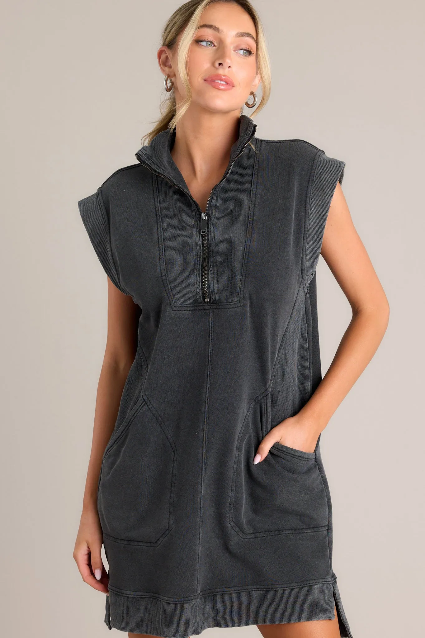 Shadowed Splendor 100% Cotton Charcoal Zip Front Mini Dress