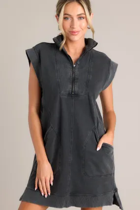 Shadowed Splendor 100% Cotton Charcoal Zip Front Mini Dress