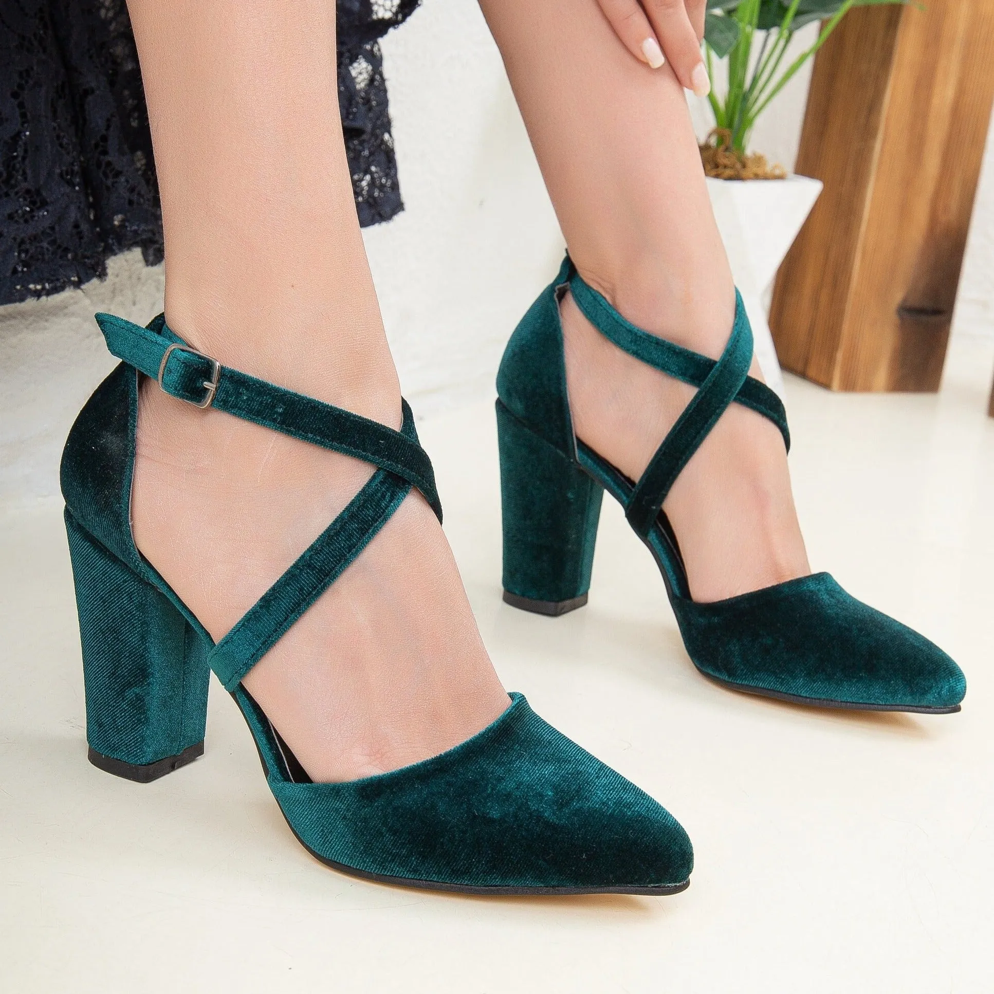 Sina - Emerald Green Velvet Criss Cross Heels