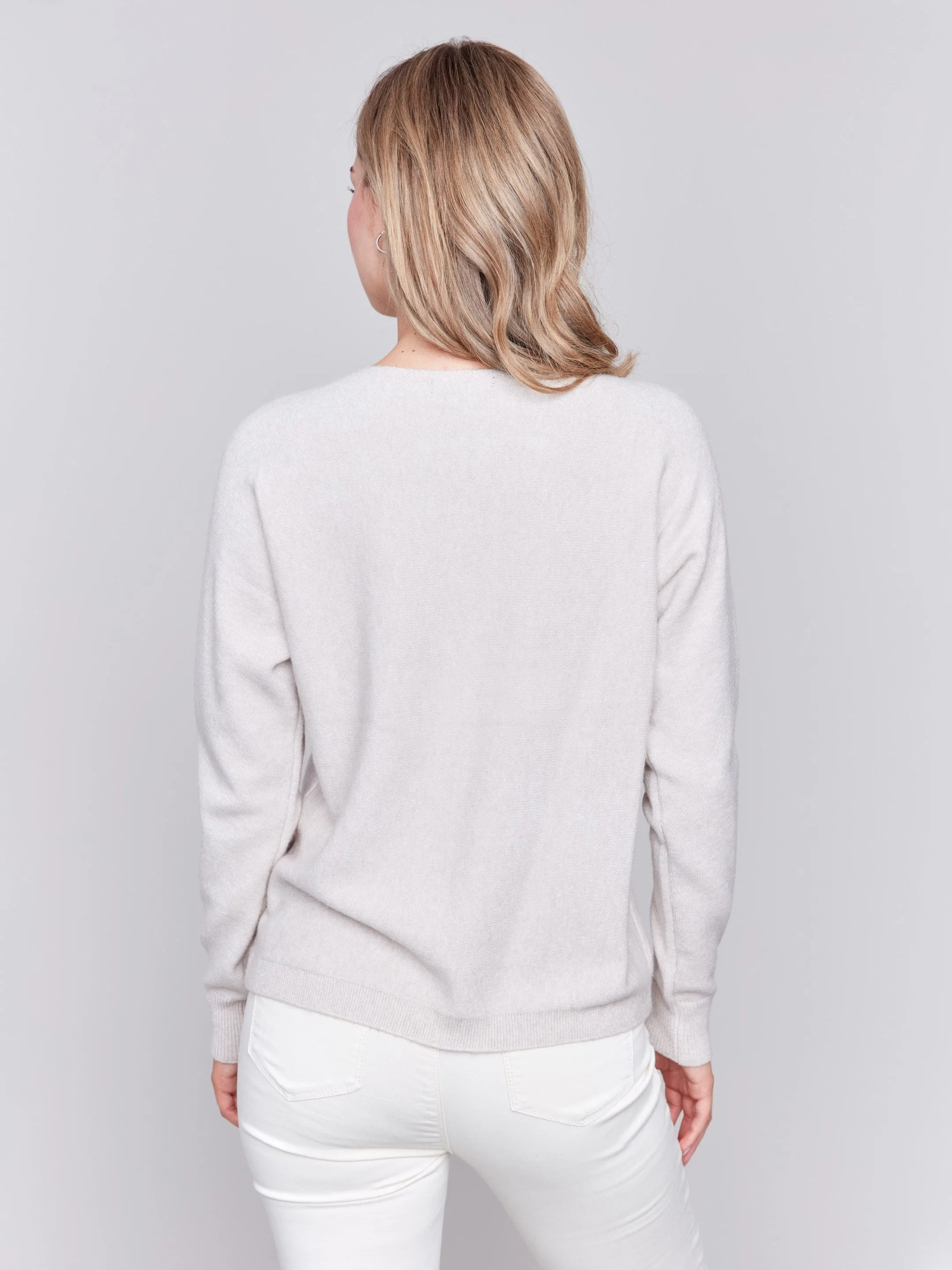 Sweater with Fringed Embroidery - Almond