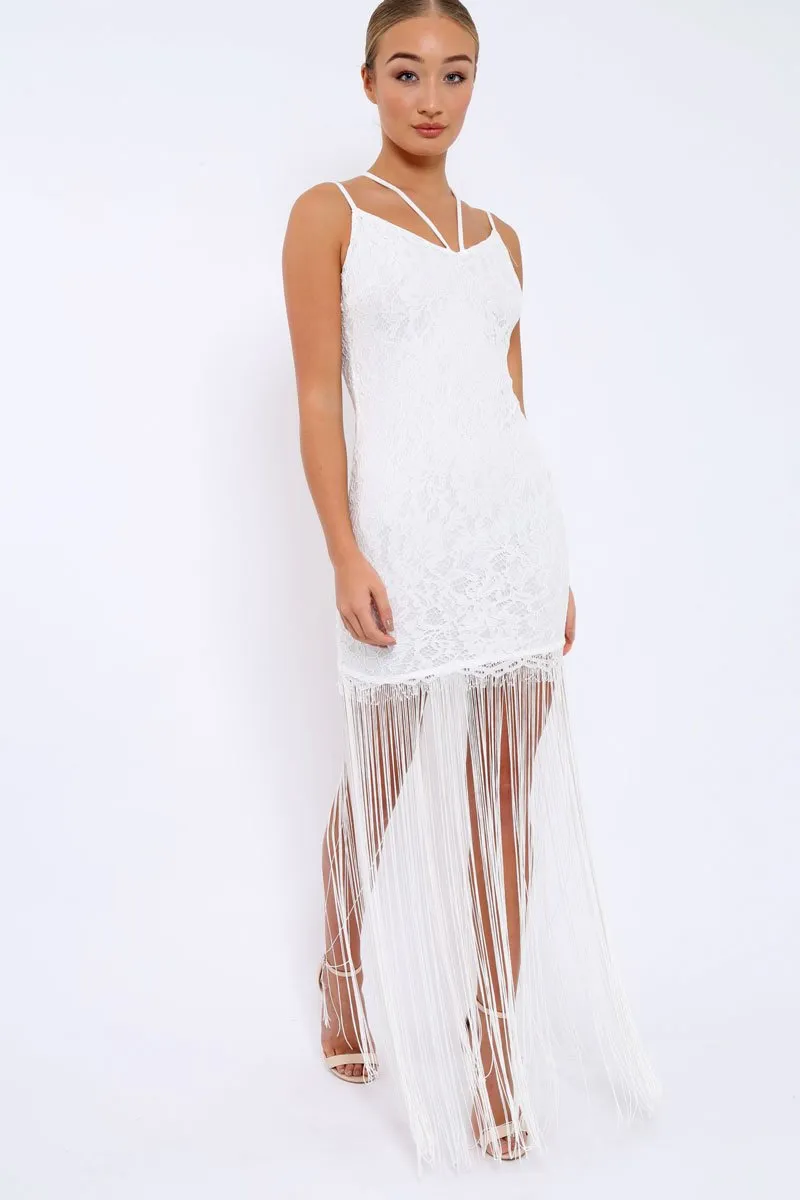 White Lace Dress with Long Tassel Hems - Zana