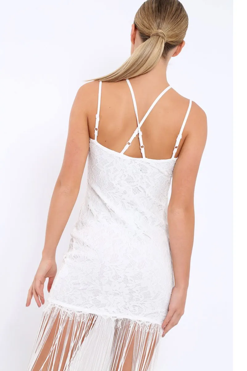 White Lace Dress with Long Tassel Hems - Zana