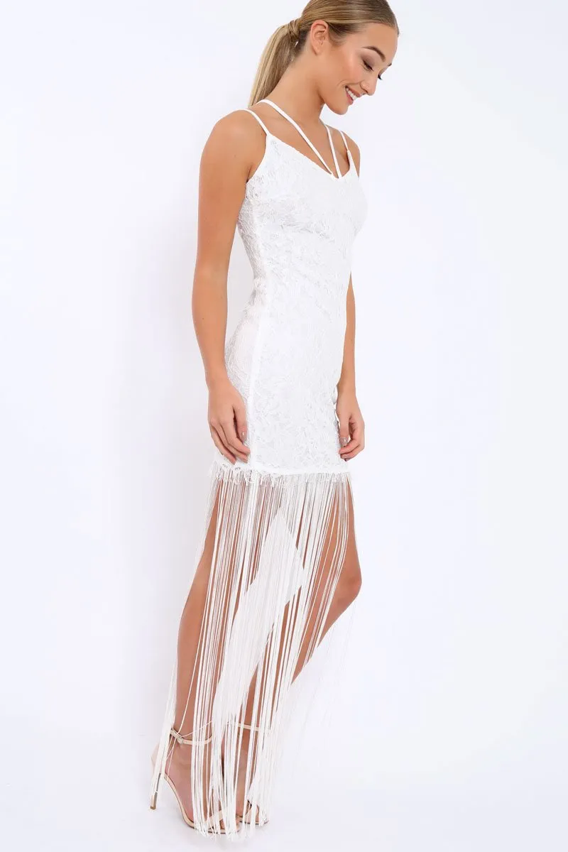 White Lace Dress with Long Tassel Hems - Zana