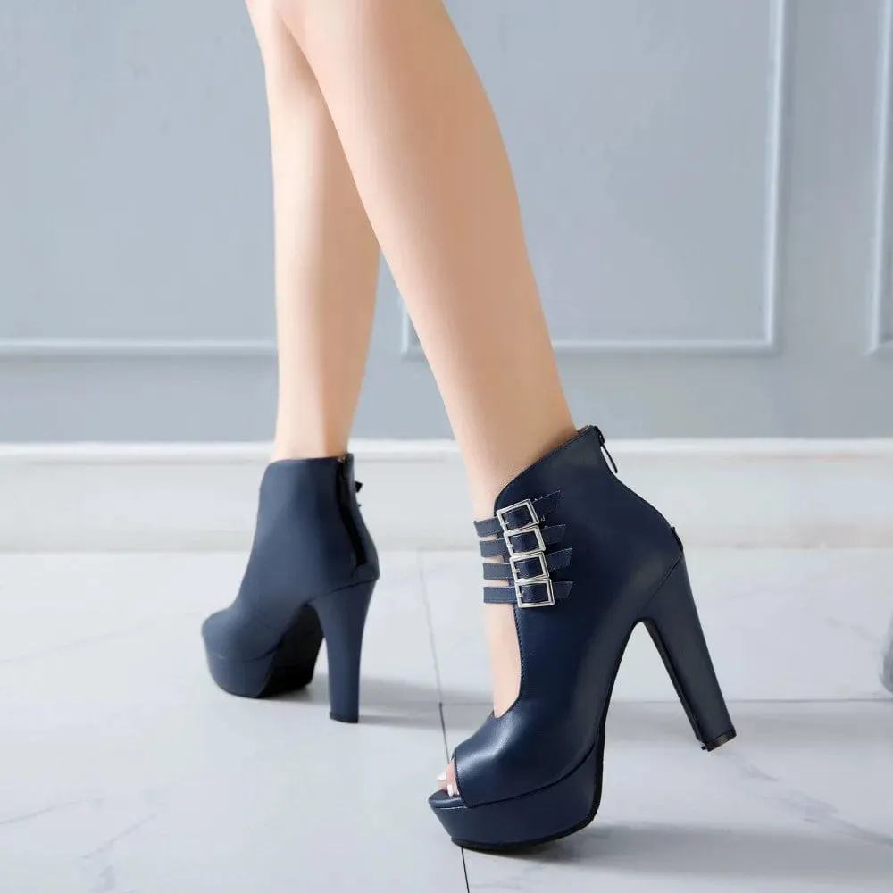 Women's High-Quality PU Leather Ankle Boots: Buckle Strap, Zip Closure, Stiletto Heels Sandals