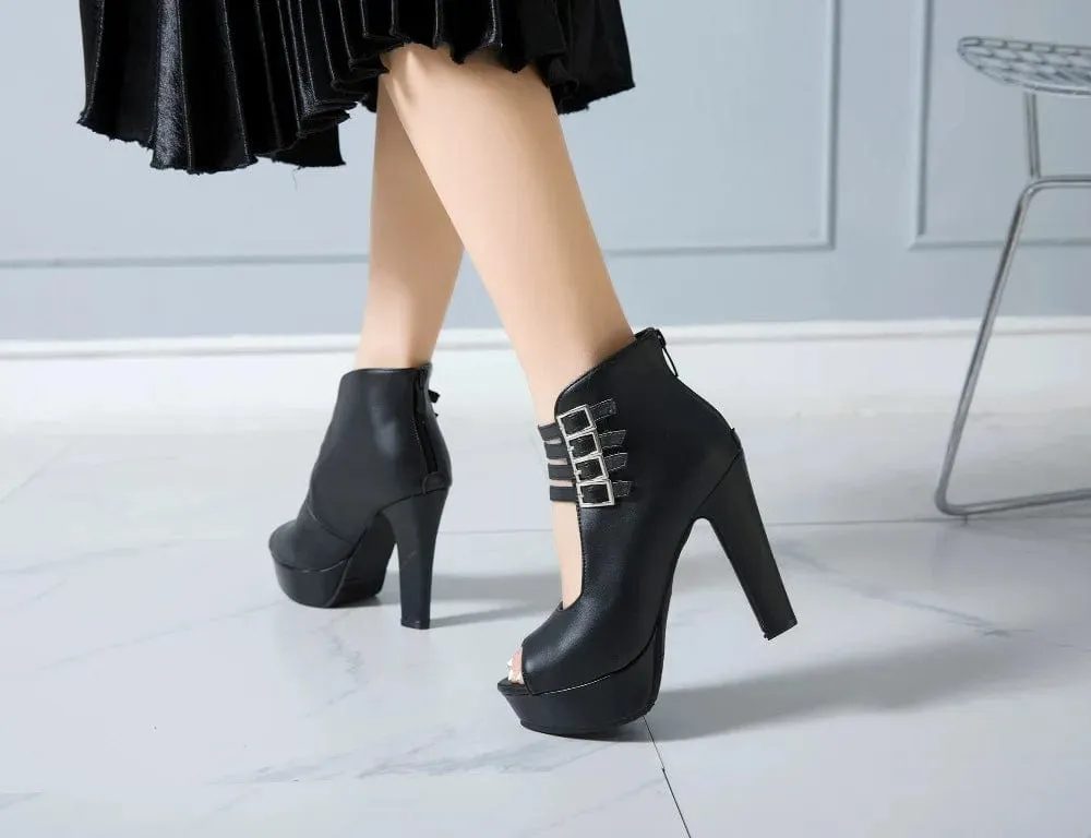 Women's High-Quality PU Leather Ankle Boots: Buckle Strap, Zip Closure, Stiletto Heels Sandals