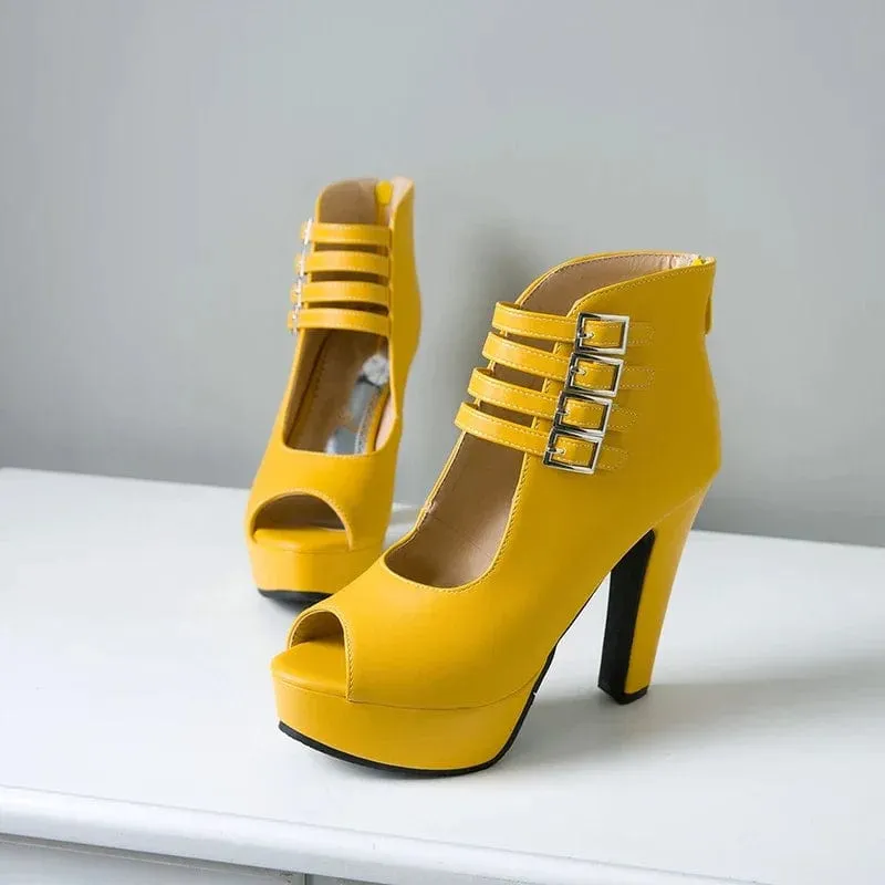 Women's High-Quality PU Leather Ankle Boots: Buckle Strap, Zip Closure, Stiletto Heels Sandals