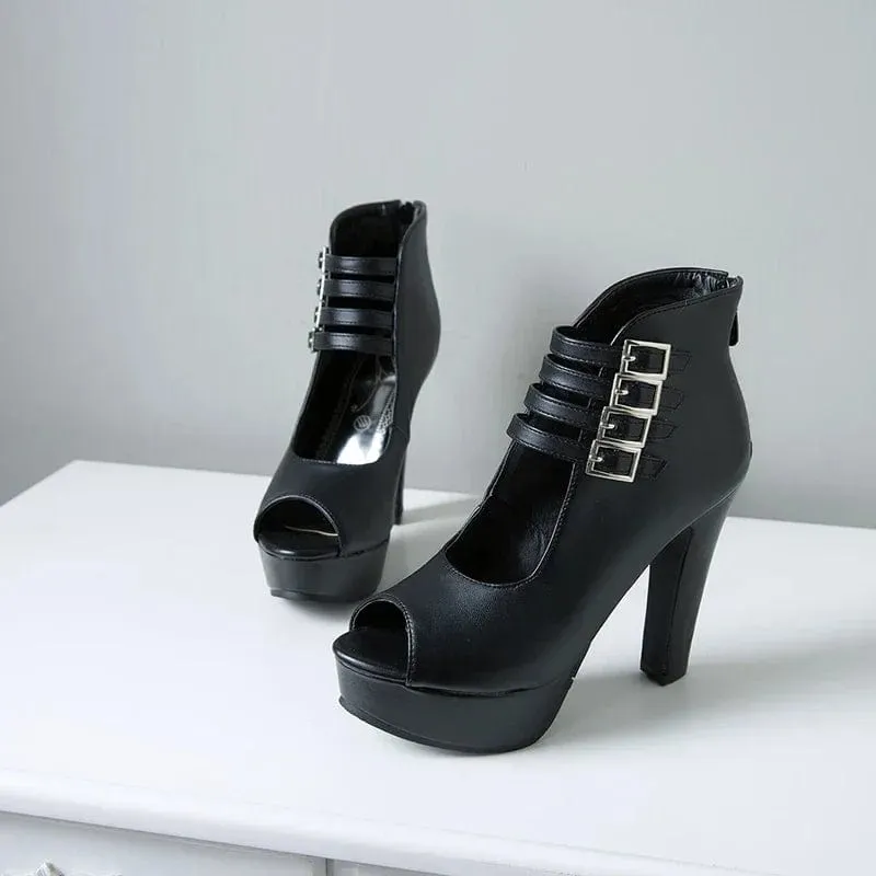 Women's High-Quality PU Leather Ankle Boots: Buckle Strap, Zip Closure, Stiletto Heels Sandals